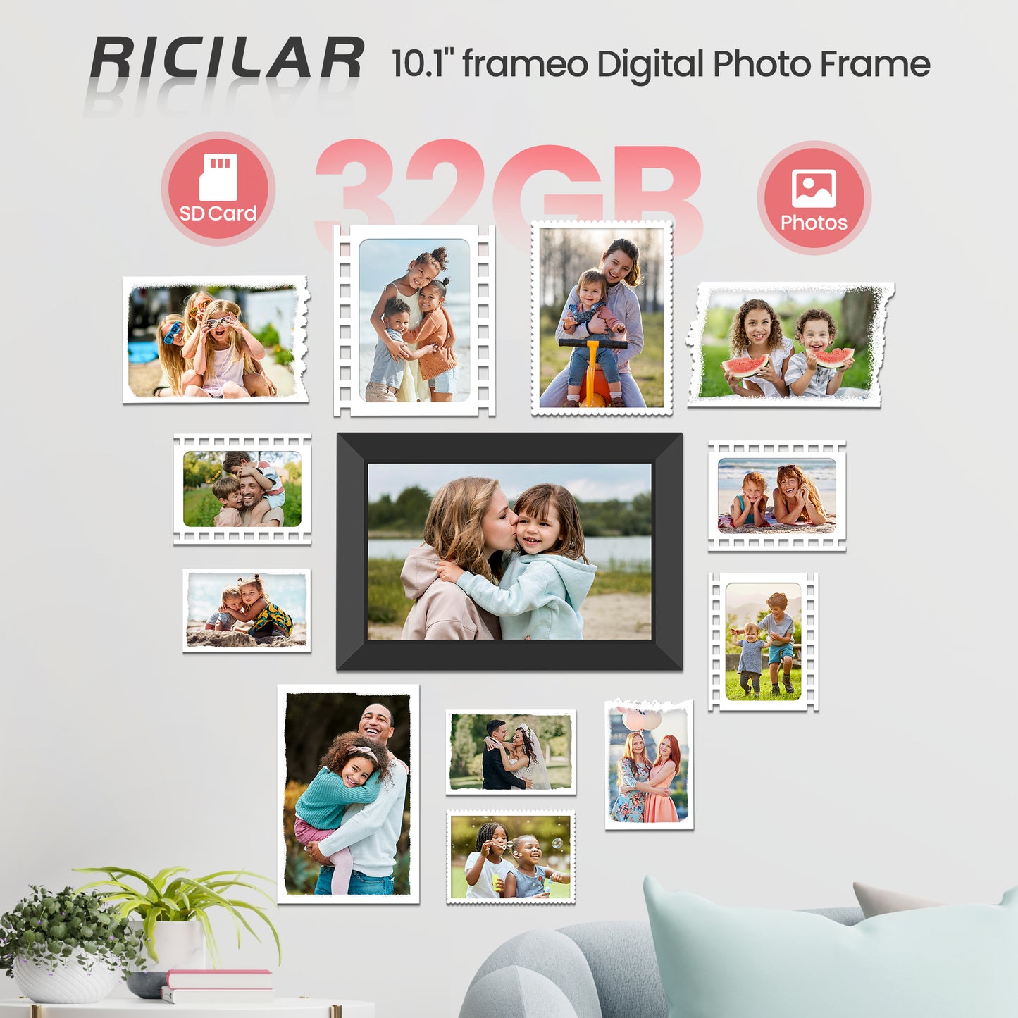 RICILAR Frameo 10.1 inch WiFi Digital Picture Frame, Electronic Picture Frame with IPS Touch Screen, 32GB Storage, Auto-Rotate, Wall Mountable, Ideal Gift Selection!