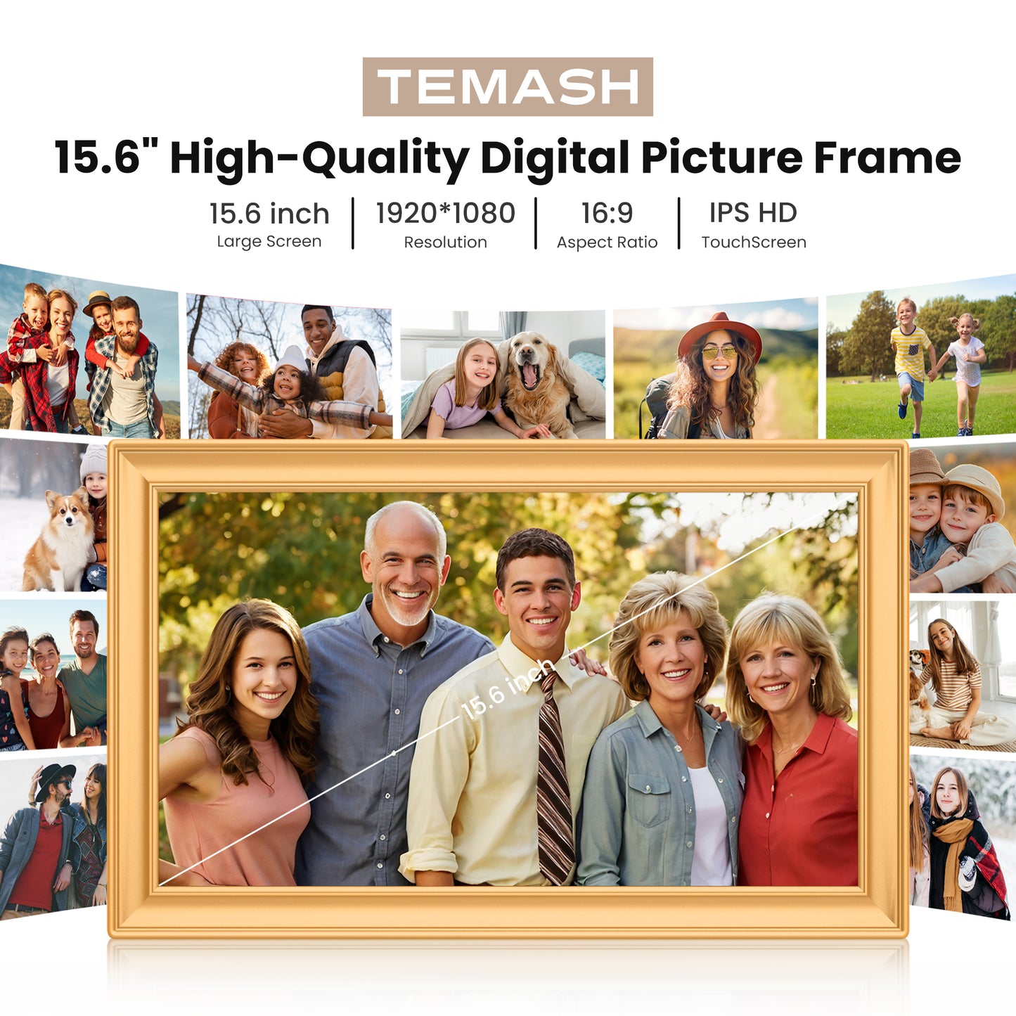 TEMASH Frameo 15.6 Inch WiFi Digital Picture Frame Gold Large Digital Photo Frame 64GB Storage 1920×1080 IPS FHD Touchscreen Auto Rotate Share Video Picture Instantly via App Gifts for Family