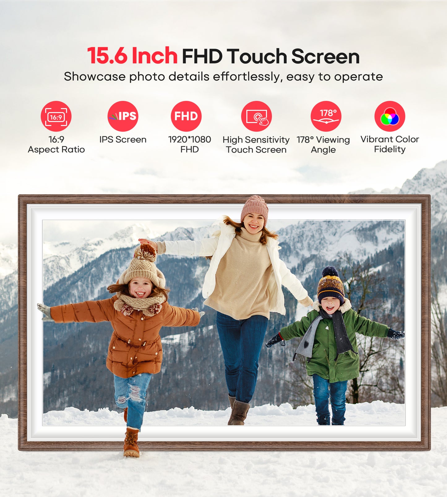 64GB Frameo 15.6" Digital Picture Frame Large 1920 x 1080 IPS FHD Touch Screen WiFi Electronic Photo Frames Share Moments Instantly Anywhere Best Gifts for Parents and Grandparents Brown Wood White