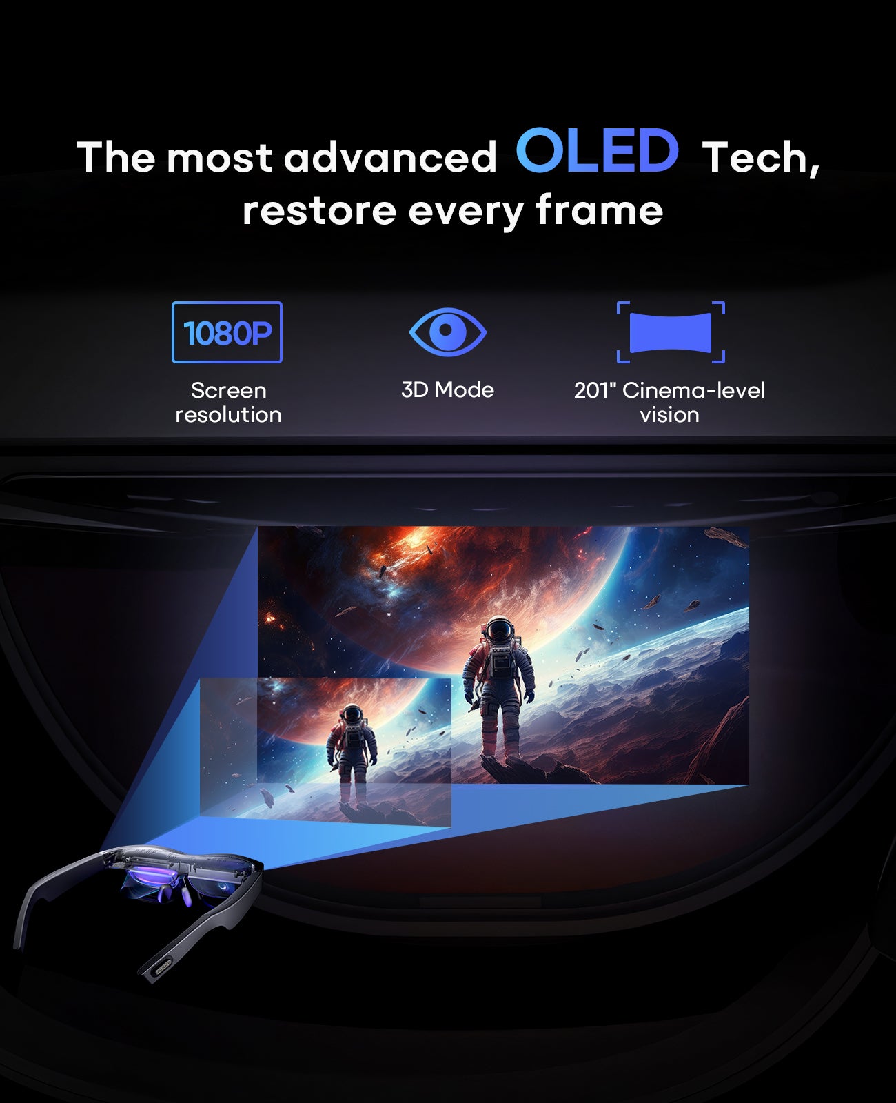 AR Glasses, Smart Glasses with Massive 201 Inch Micro OLED Virtual Theater, 1080P, 3D Movie, 50° FOV, 400 nits Brightness, Support Stream, Game and Work on PC/Android/iOS/Consoles/Cloud