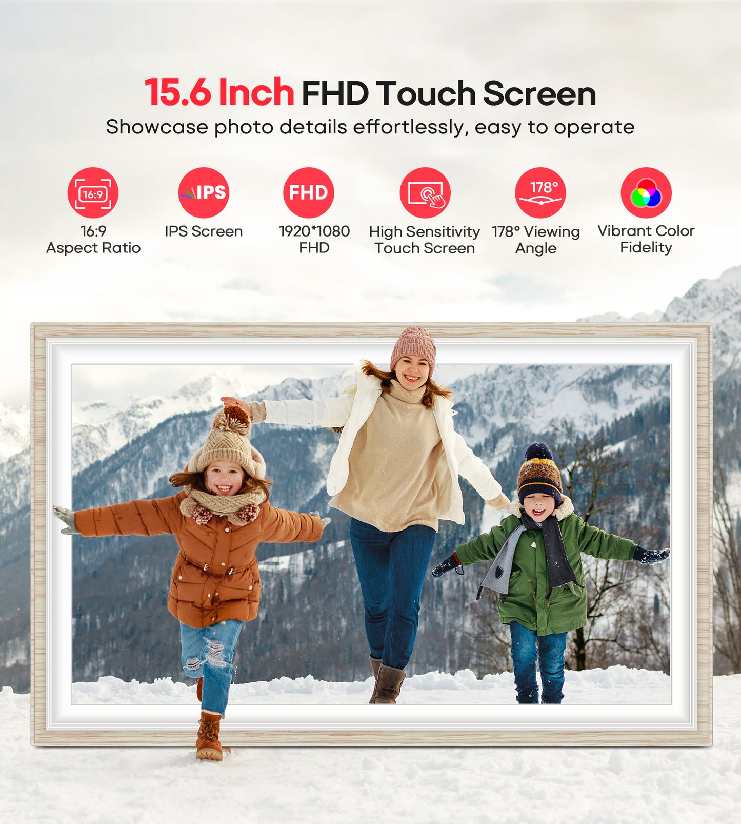 64GB Frameo 15.6" Digital Picture Frame Large 1920 x 1080 IPS FHD Touch Screen WiFi Electronic Photo Frames Share Moments Instantly Anywhere Best Gifts for Parents and Grandparents White Wood