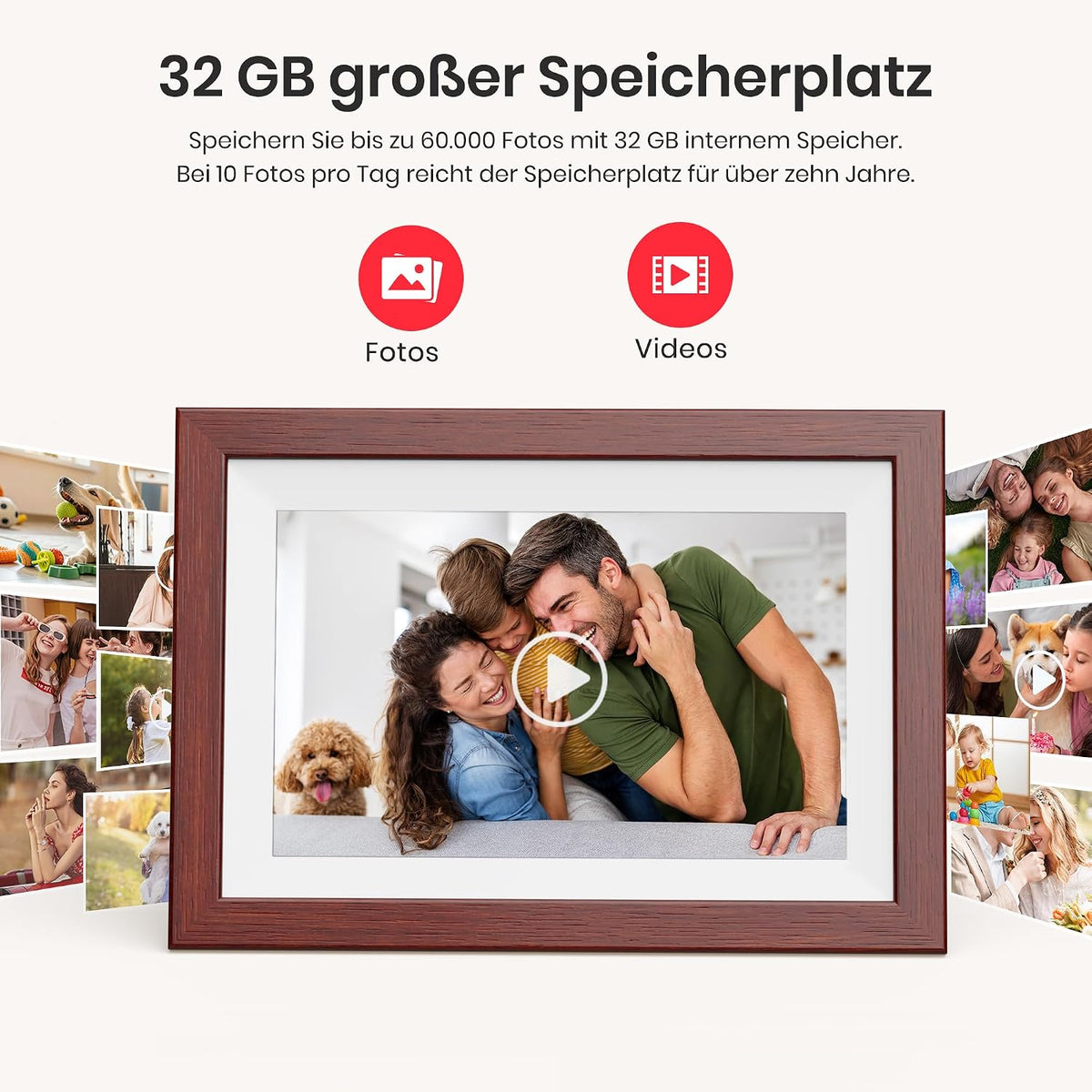 Frameo WLAN Digitaler Bilderrahmen 10,1 Zoll, HD 1280 * 800 IPS Touchscreen Elektronischer FotoRahmen mit 32GB Speicher, Auto Drehung, Einfache Weitergabe von Fotos Videos über Frameo App