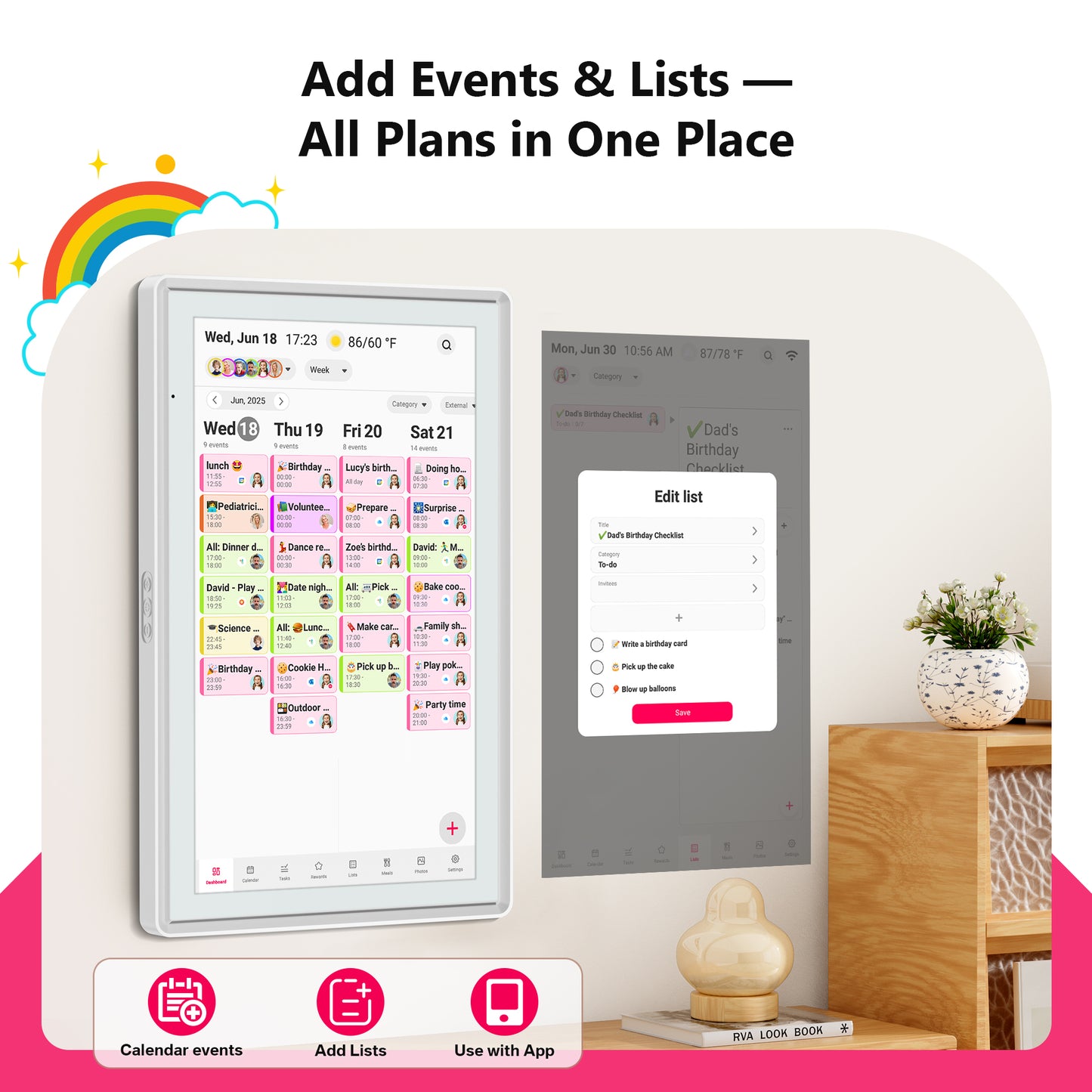 BIGASUO 21.5" Digital Calendar, Smart Touchscreen Interactive Display Organizer, Electronic Wall Tablet for Monthly, Weekly & Daily Agenda, Chore Chart, Meal Planner, To Do List, Family Schedules