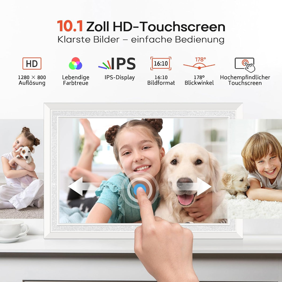Frameo WLAN Digitaler Bilderrahmen 10,1 Zoll, HD 1280 * 800 IPS Touchscreen Elektronischer FotoRahmen mit 32GB Speicher, Auto Drehung, Einfache Weitergabe von Fotos Videos über Frameo App