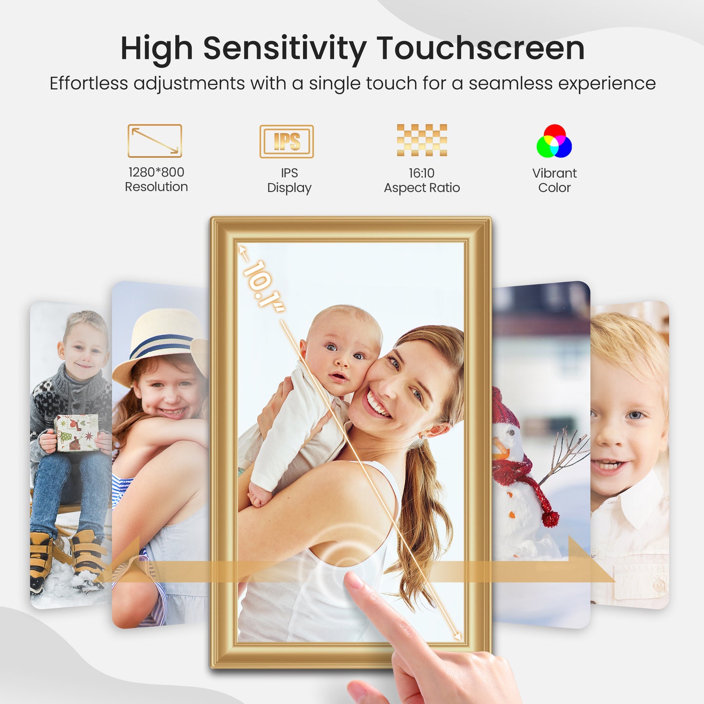 Uhale WiFi Digital Picture Frame, RCA 10.1 Inch Electric 1080p HD Touch Screen Photo Frame Digital with 32GB Memory, USB SD Slot, Auto Rotate, Wall Mountable, Share Photos/Videos Instantly (Gold)