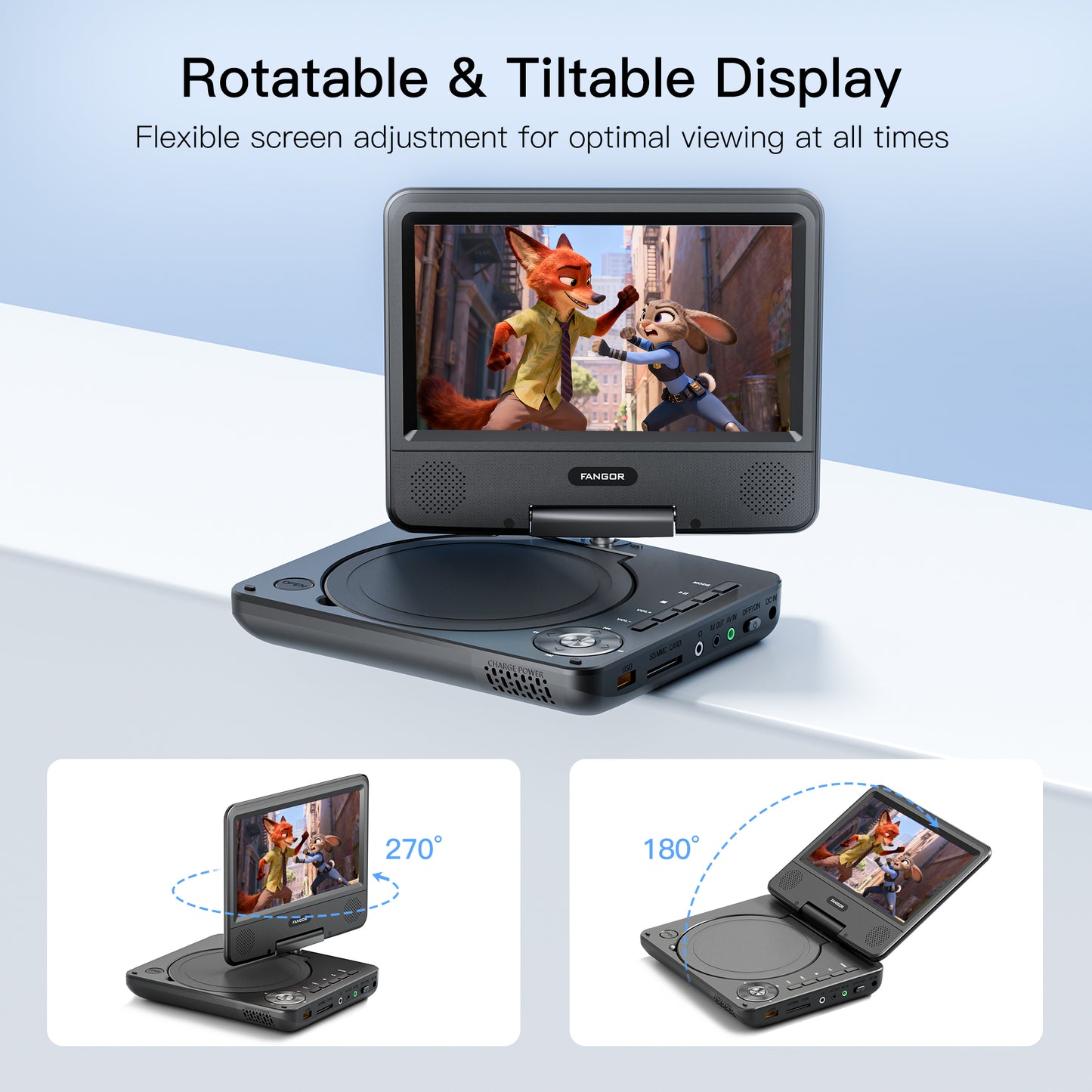 FANGOR 9.5" Portable DVD Player for Car with 7" Swivel Screen, 4 Hours Rechargeable Battery, Dual Speakers, Remote Control, Support CD/USB/SD Card/Sync TV, Perfect Gift for Kids