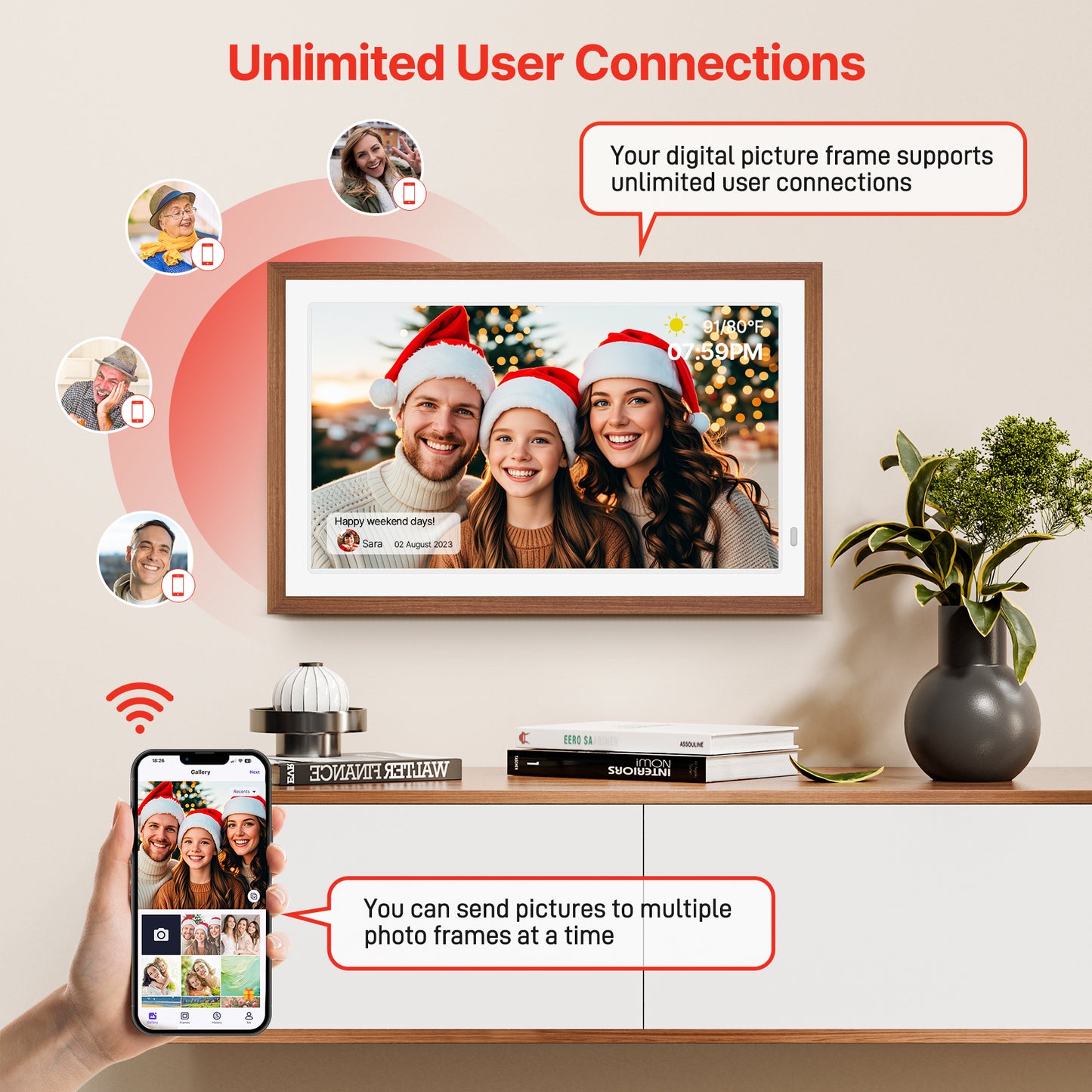 Uhale 21.5" Large Digital Picture Frame WiFi Wood with Remote Control, 1920 x 1080 FHD IPS No Touch Screen Electronic Photo Frames Wall Mount with 64GB, Support SD USB, Share Photos Videos Instantly