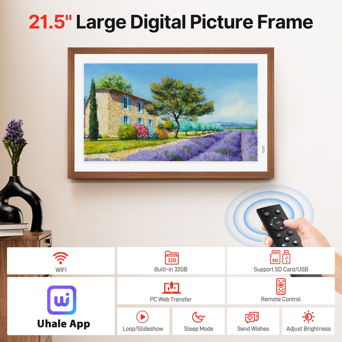FANGOR 21.5" Large Digital Picture Frame 64GB, WiFi Photo Frame 1920x1080 FHD IPS Display with Remote Control, Auto-Rotate, Wall Mounted, Share Photos/Videos Via Uhale App/USB/SD (No Touch Screen)