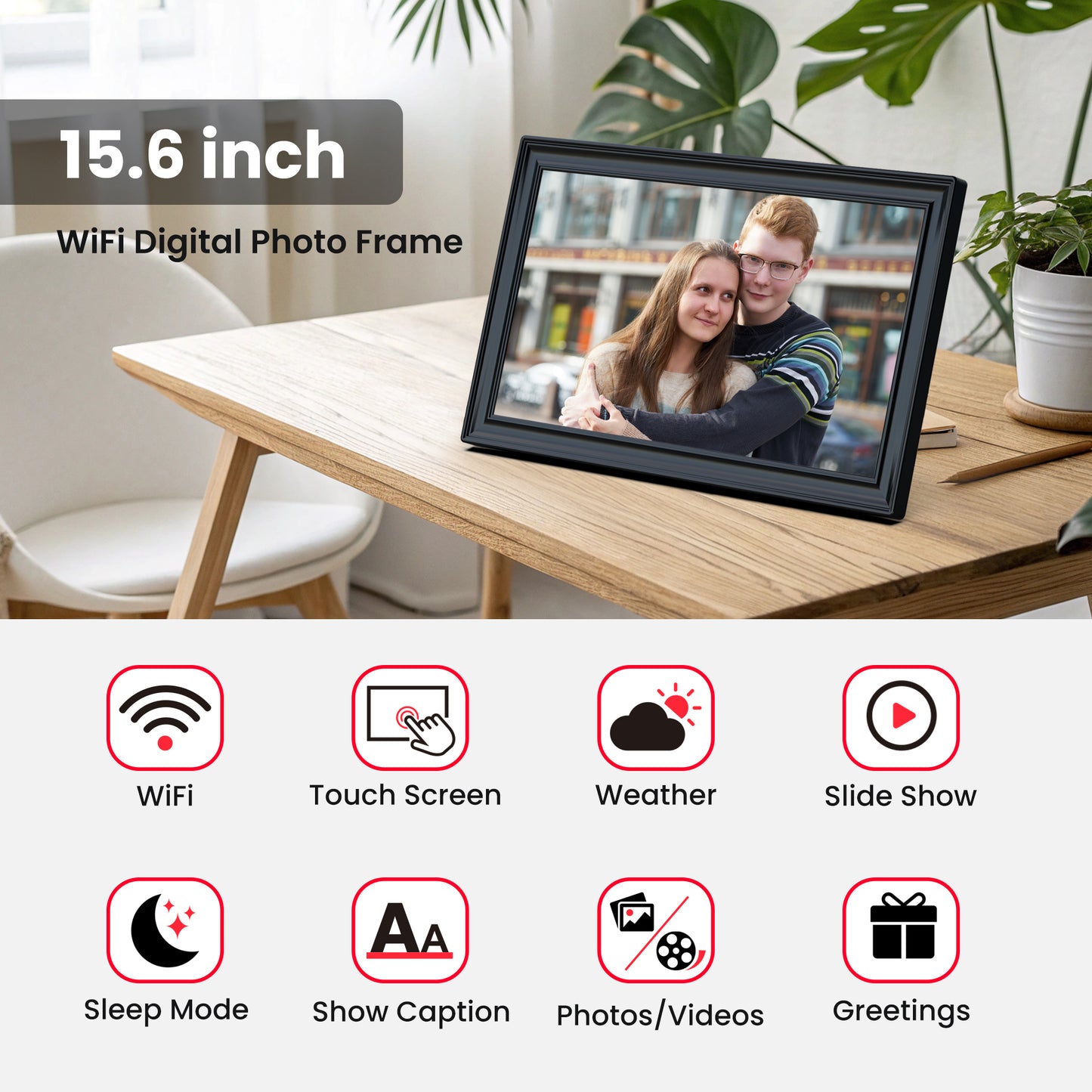 Frameo Digital Picture Frame, TEMASH 15.6 Inch Large Digital Photo Frame WiFi with 32GB Storage, 1920*1080 FHD IPS Touchscreen Auto Rotate, Easy to Share Photos Videos, Black