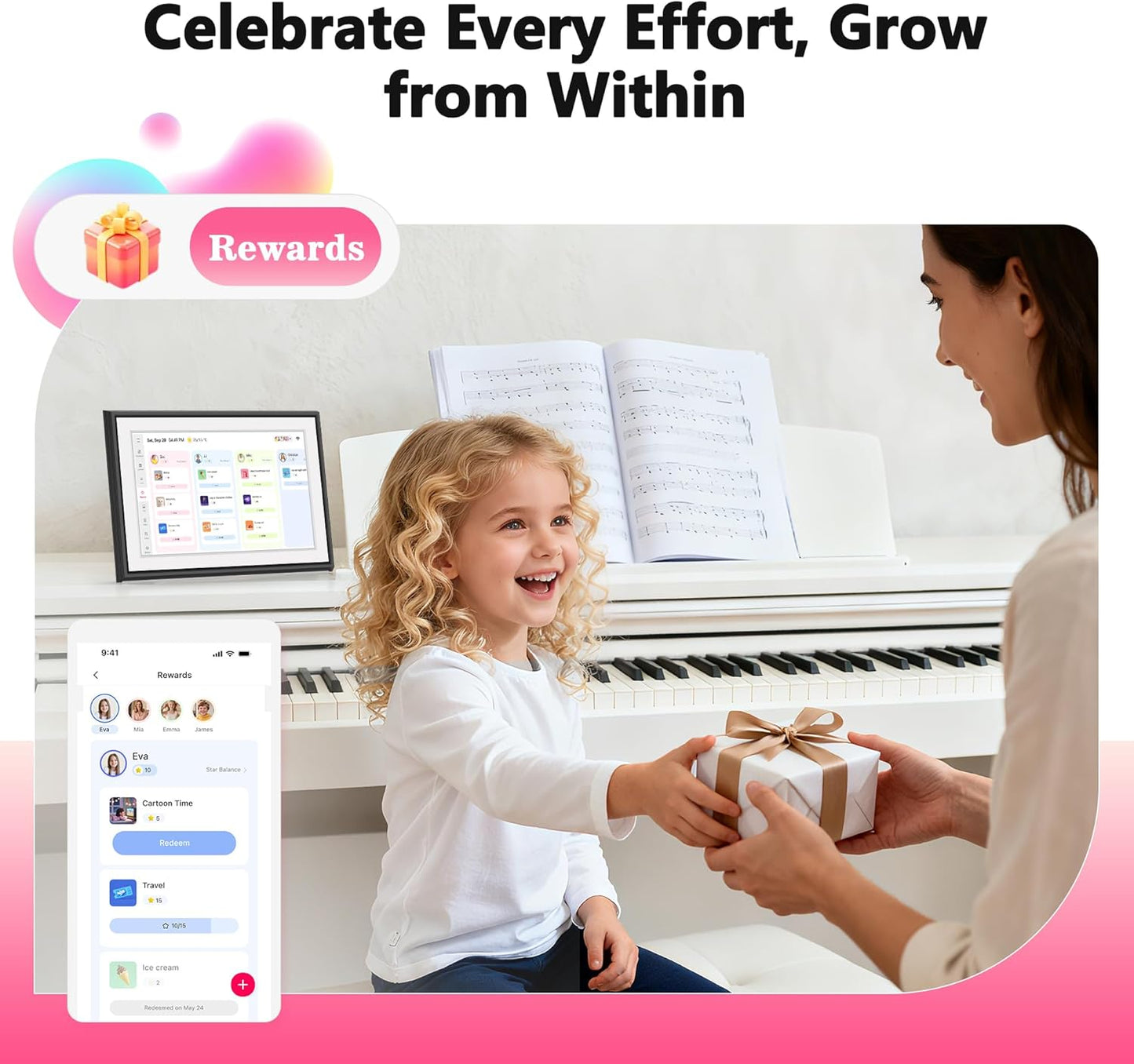 BIGASUO 10.1" Digital Calendar, Full HD Touchscreen Smart Planner,with Task & Reward Meal Plan Great for Family Schedules & Chore Organization, LED Reminder Light,Photo Display