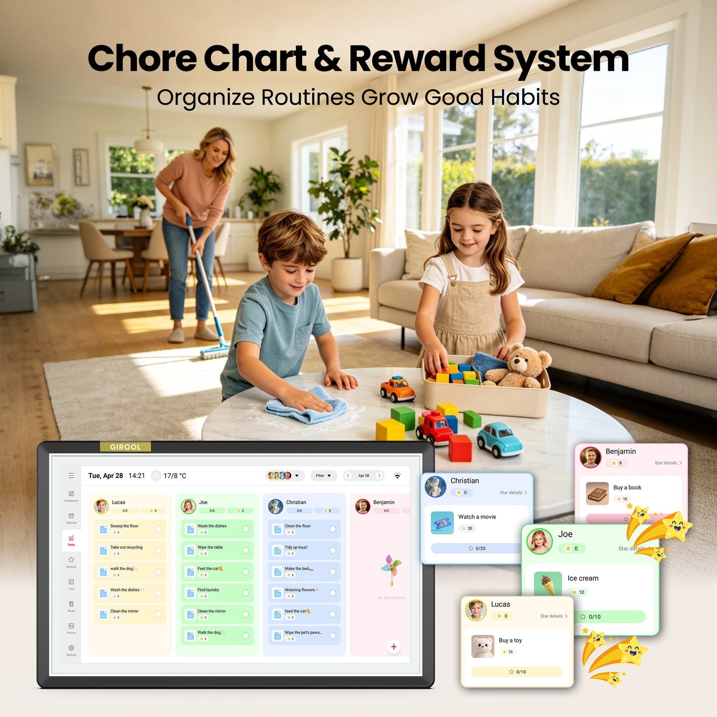 GIROOL 15.6" Digital Calendar-1920x1080 Full HD Touchscreen Family Planner & Calendar with Chore Chart & Meal Planner, Wall-Mountable (Black White)