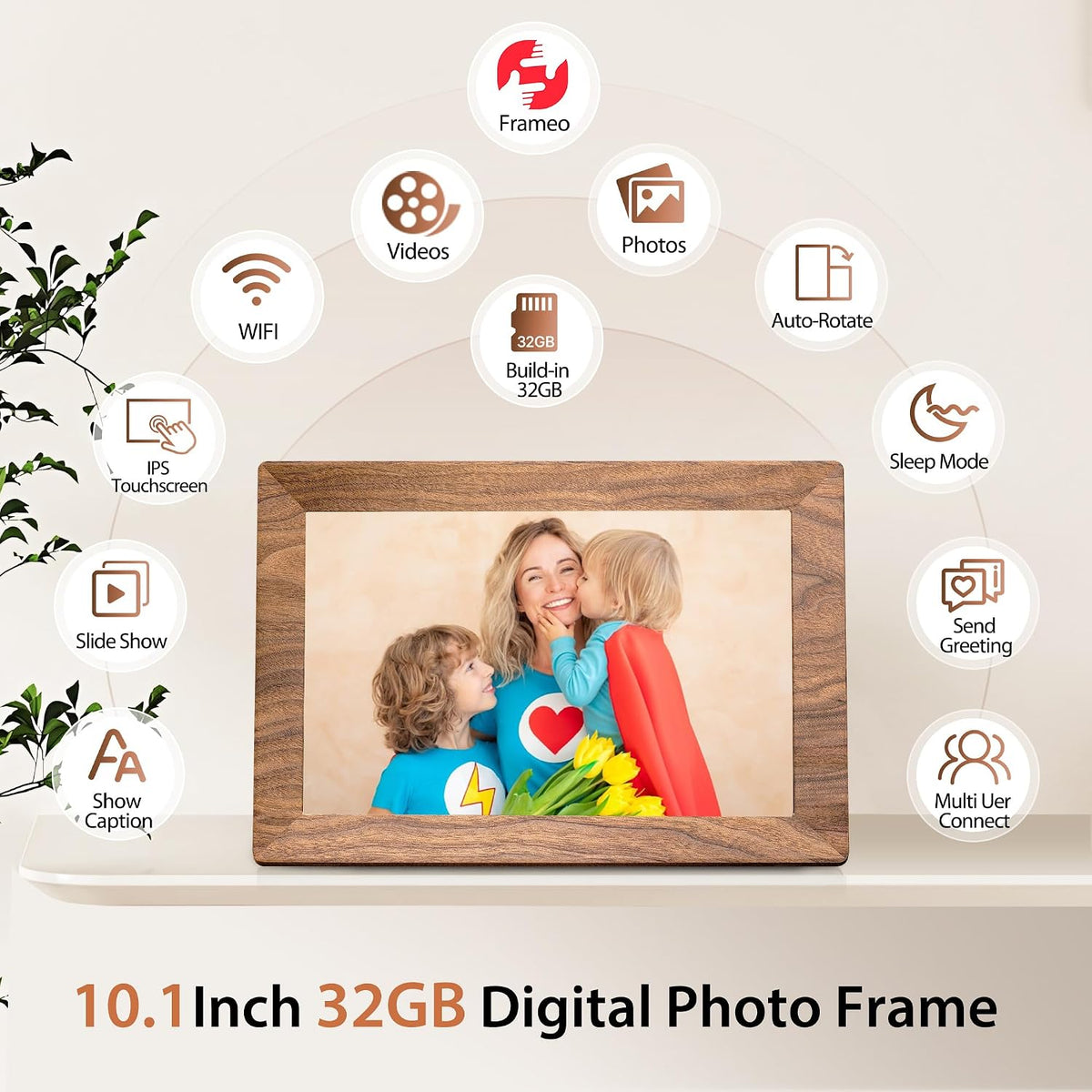 Frameo WLAN Digitaler Bilderrahmen 10,1 Zoll, HD 1280 * 800 IPS Touchscreen Elektronischer FotoRahmen mit 32GB Speicher, Auto Drehung, Einfache Weitergabe von Fotos Videos über Frameo App