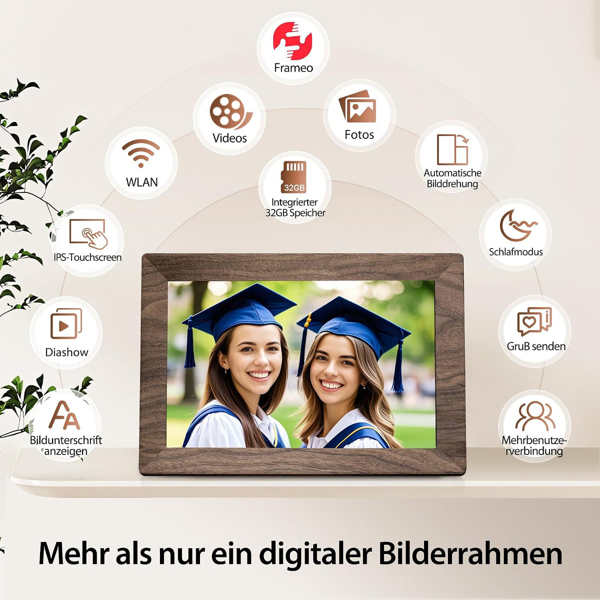 Frameo WLAN Digitaler Bilderrahmen 10,1 Zoll, HD 1280 * 800 IPS Touchscreen Elektronischer FotoRahmen mit 32GB Speicher, Auto Drehung, Einfache Weitergabe von Fotos Videos über Frameo App