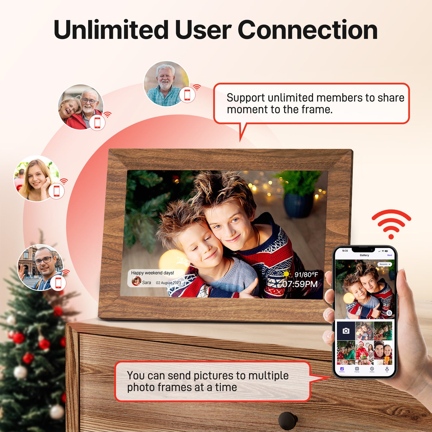 Uhale Digital Picture Frame 32GB Storage 10.1 Inch Wood WiFi Electronic Photo Frames SD Card Slot IPS Touch Screen HD Display Auto Rotate Slideshow Share Videos Photos Instantly Send Wishes Remotely