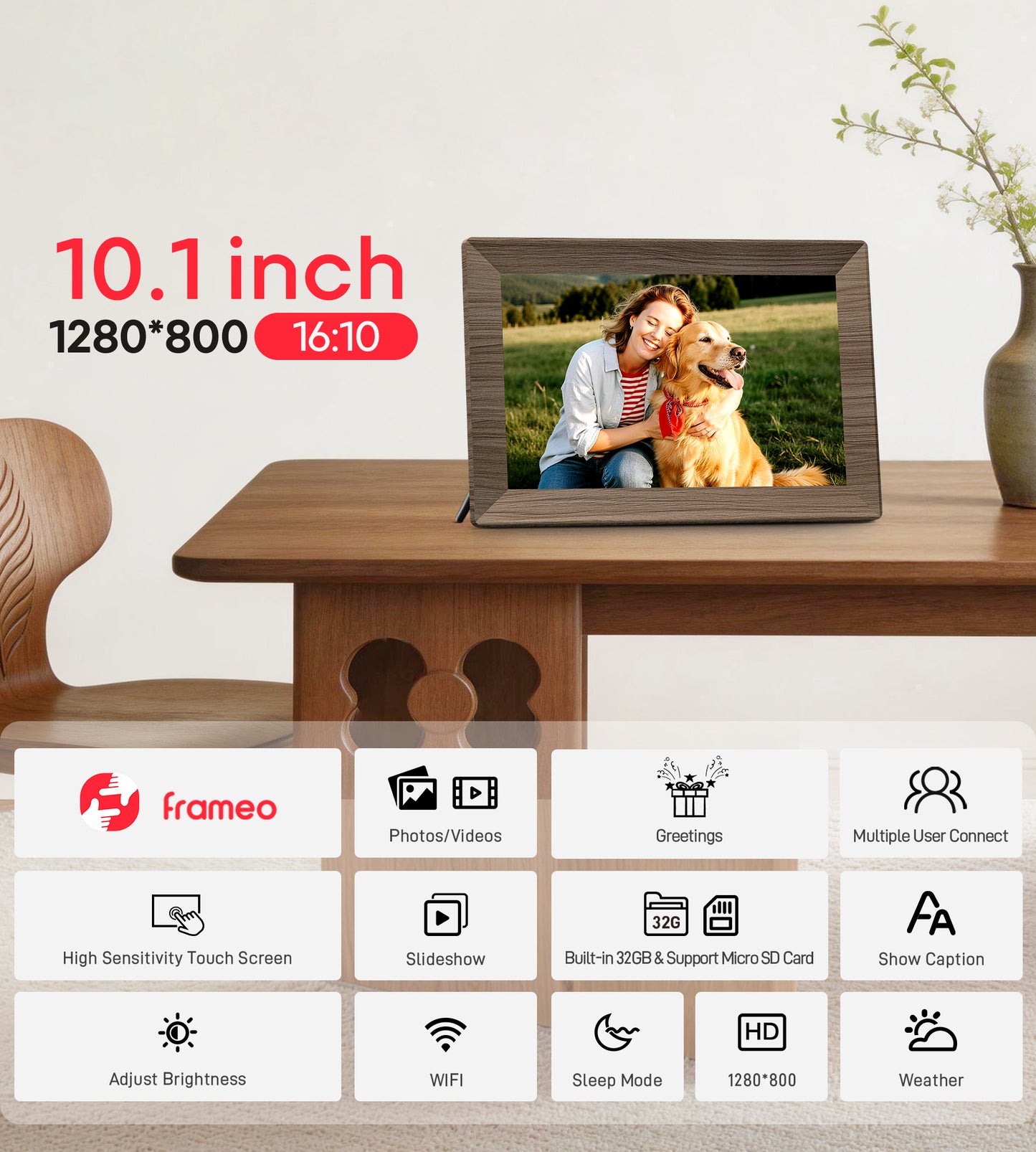 Frameo 10.1" Digital Picture Frame with 32GB Memory Wood WiFi Electronic Photo Frame 1280 x 800 IPS Touch Screen Auto-Rotate Slideshow Wall Mountable Share Photos/Video Remotely Anywhere
