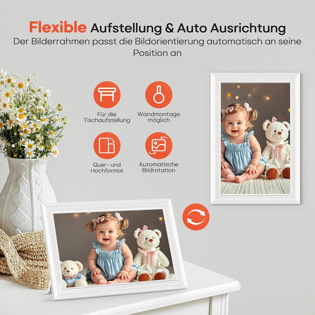 Frameo WLAN Digitaler Bilderrahmen 10,1 Zoll, HD 1280 * 800 IPS Touchscreen Elektronischer FotoRahmen mit 32GB Speicher, Auto Drehung, Einfache Weitergabe von Fotos Videos über Frameo App