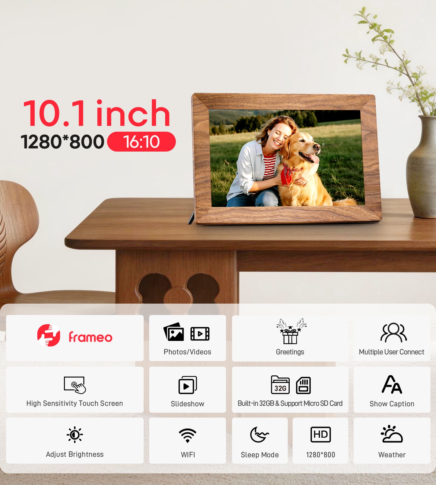 Frameo 10.1" Digital Picture Frame with 32GB Memory WiFi Electronic Photo Frame Wood 1280 x 800 IPS Touch Screen Auto-Rotate Slideshow Wall Mountable Share Photos/Video Remotely Anywhere