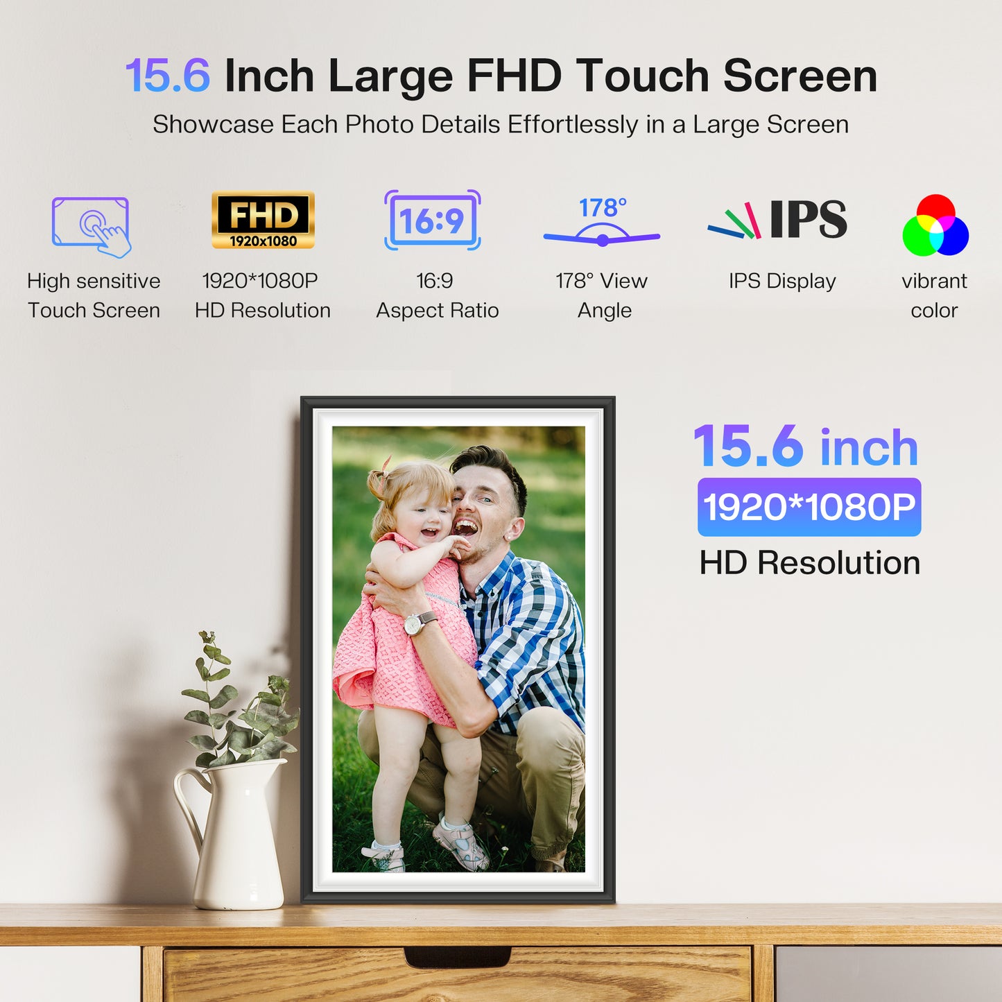 15.6" Uhale Digital Picture Frame RCA Large WiFi Electronic Photo Frames 1920 x 1080 IPS FHD Touchscreen 32GB Memory Send Photos from Phone at Anywhere, Best Gifts for Parents and Friends