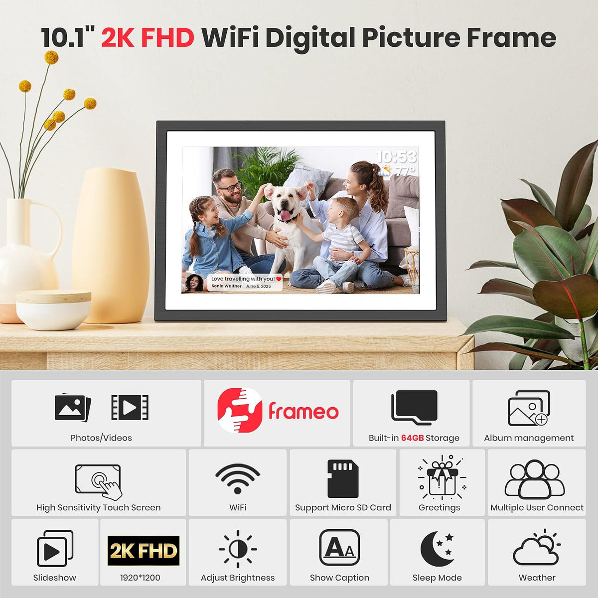 Frameo WLAN Digitaler Bilderrahmen 10,1 Zoll, 1920 * 1200P 2K Touchscreen 64GB Speicher Elektronischer FotoRahmen, Auto Drehung, Einfache Weitergabe von Fotos Videos über Frameo App