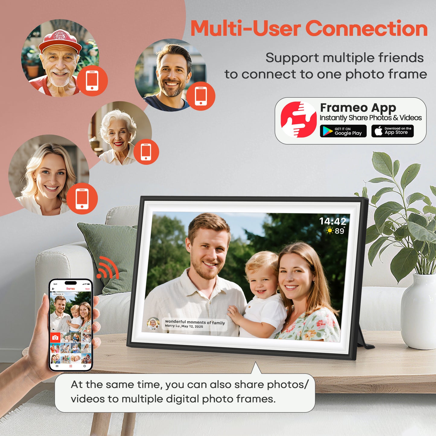 BIGASUO Digital Picture Frame Frameo 15.6" WiFi Electronic Photo Frames Large with 64GB Memory 1920x1080 IPS FHD Touch Screen Share Moments Instantly Anywhere Photo Gifts for Parents and Grandparents
