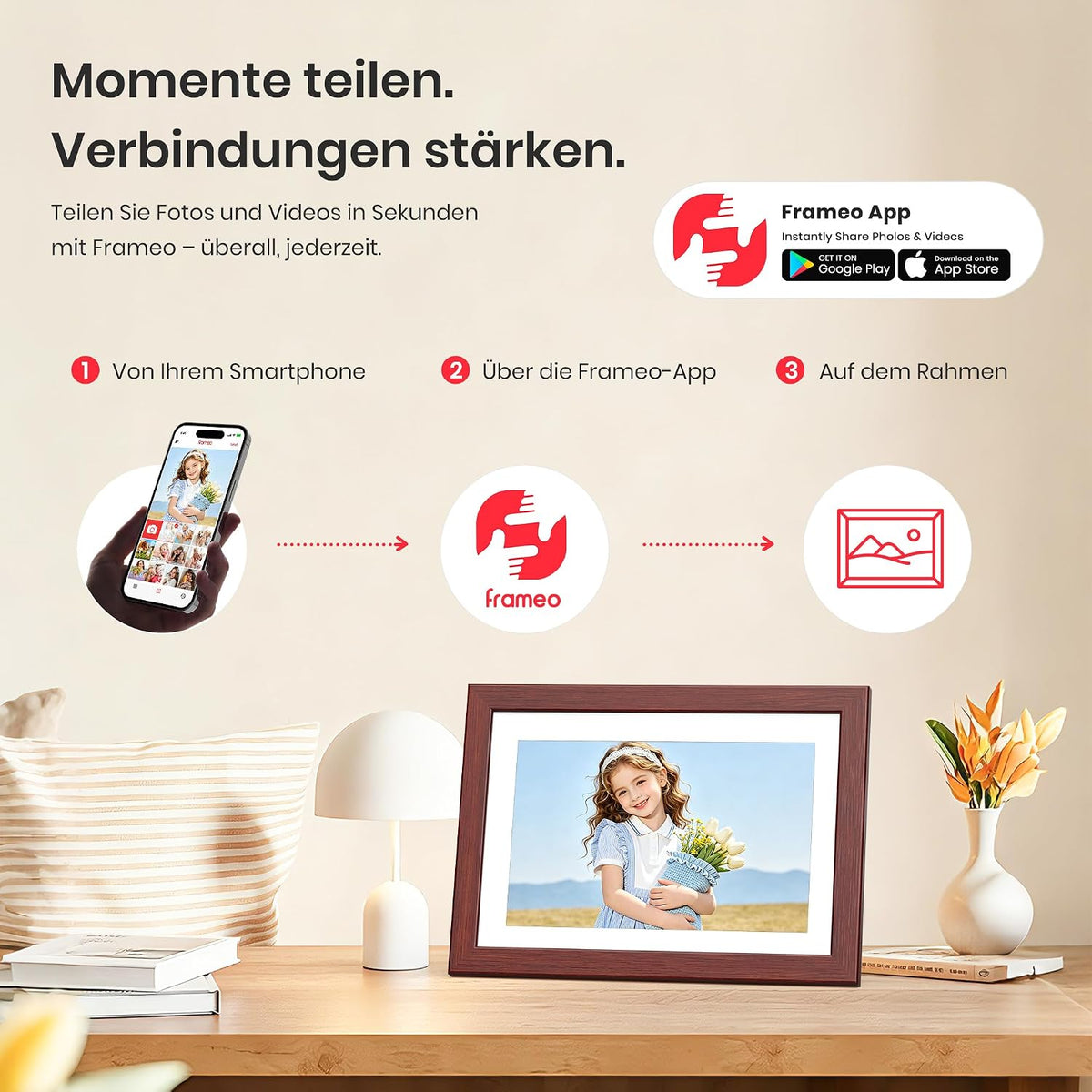 Frameo WLAN Digitaler Bilderrahmen 10,1 Zoll, HD 1280 * 800 IPS Touchscreen Elektronischer FotoRahmen mit 32GB Speicher, Auto Drehung, Einfache Weitergabe von Fotos Videos über Frameo App
