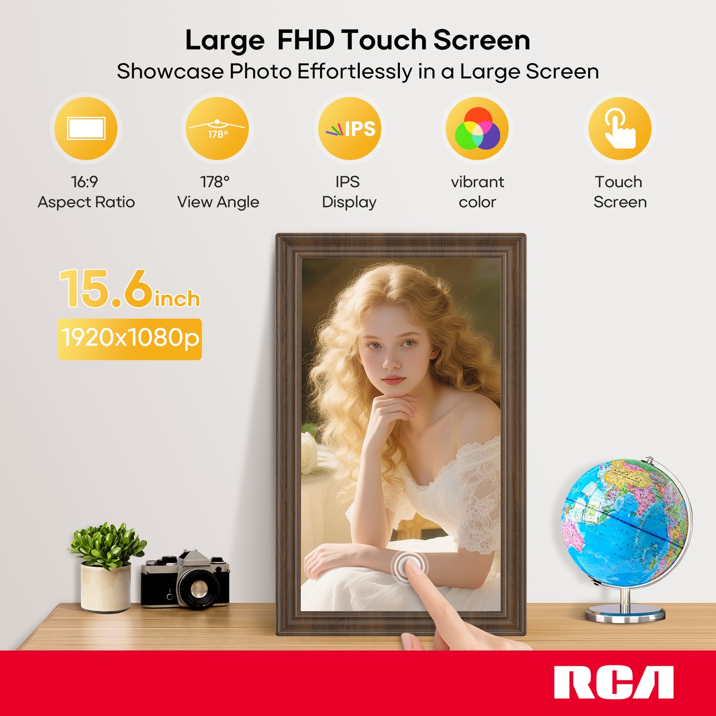 RCA 15.6" WiFi Digital Picture Frame Large Electronic Uhale Photo Video Frames with 32GB Memory 1920x1080P FHD IPS Touch Screen Auto Rotate Wall Mountable, Share from Phone to Cloud Frame Anywhere