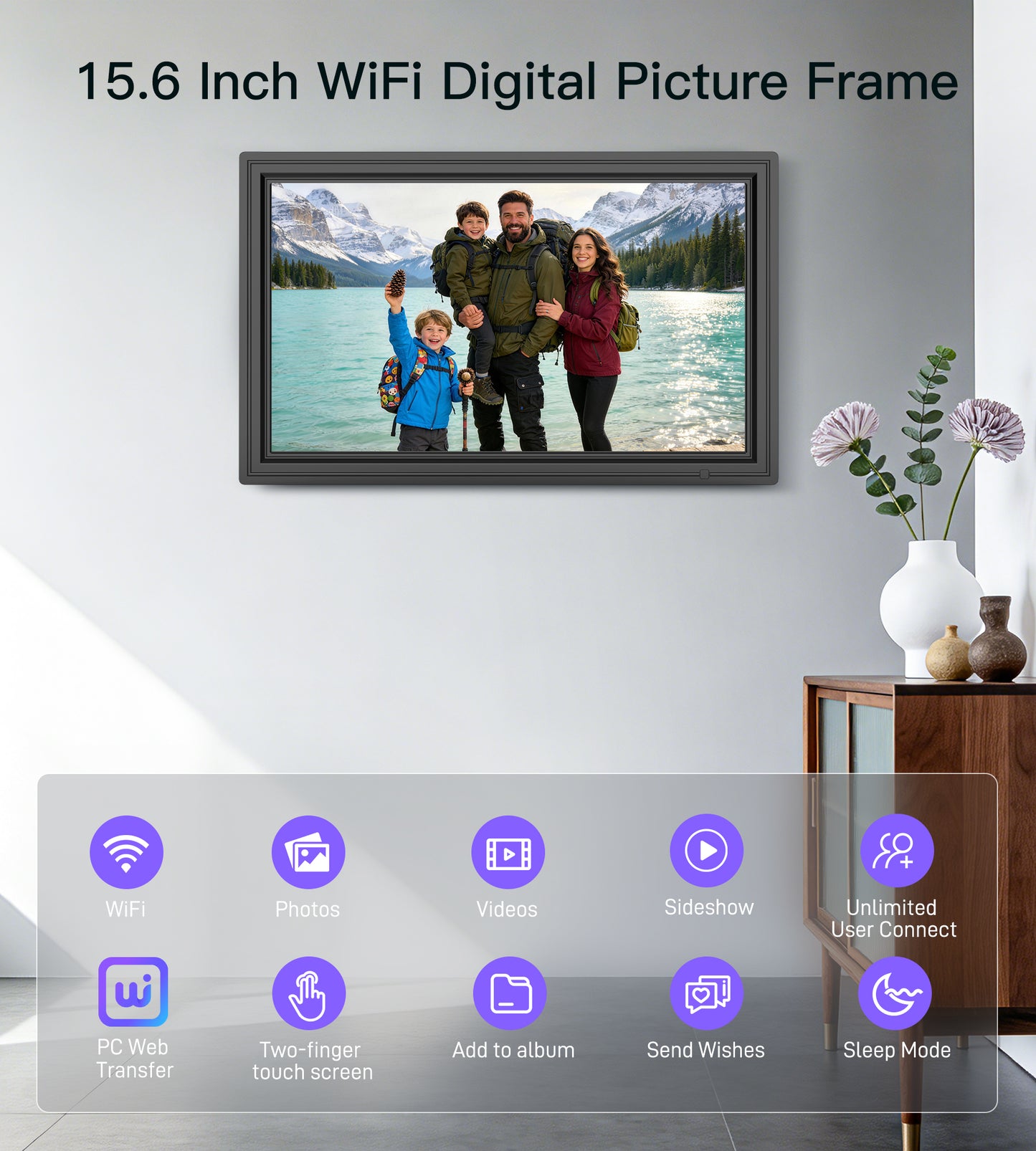 64GB 15.6" Large Digital Picture Frame, Uhale WiFi Electronic Photo Frames with 1920 x 1080 FHD IPS Touch Screen, Support Auto-Rotate Wall Mounted SD&USB Card, Share Photos/Videos from Phone Instantly