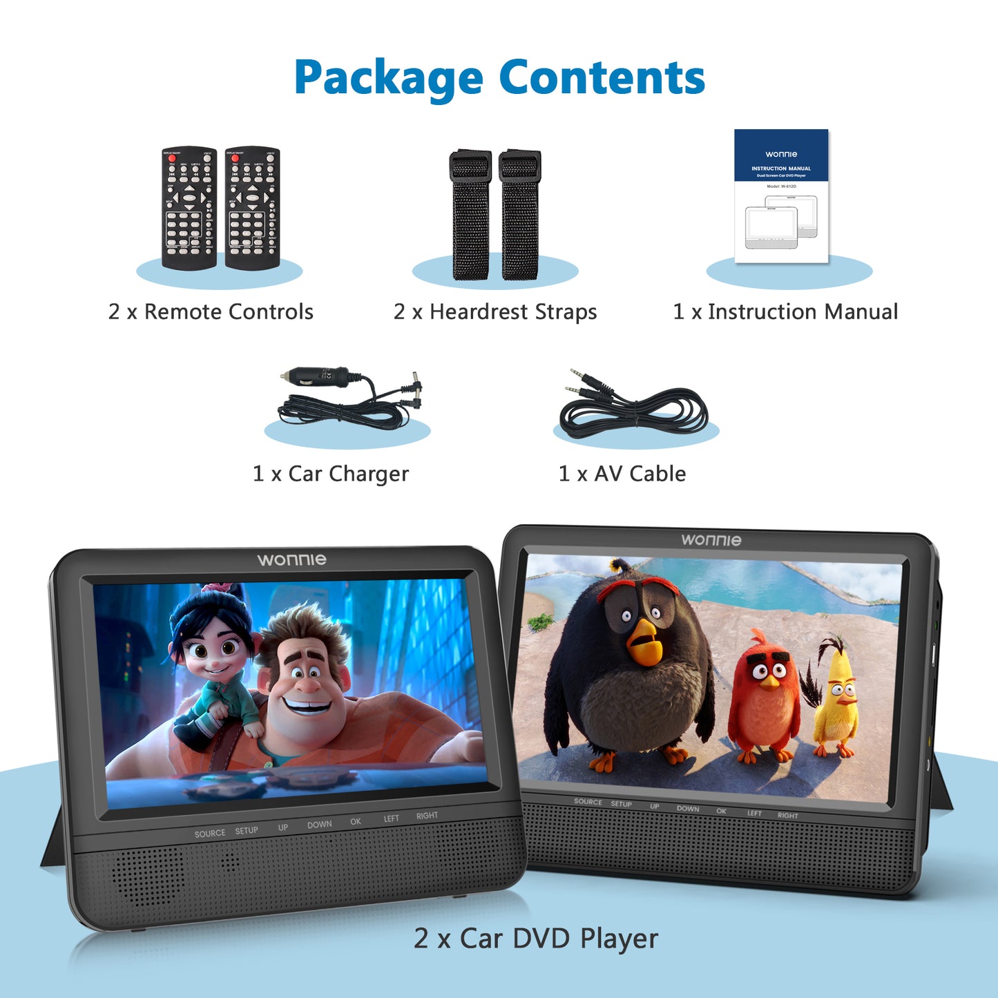 Wonnie Portable DVD Player for Car, 7" Headrest DVD Player Play a Same or Two Different Movies, Dual Screen DVD Player with Headrest Strap,Last Memory, AV Out& in/USB/SD, Best Gifts!