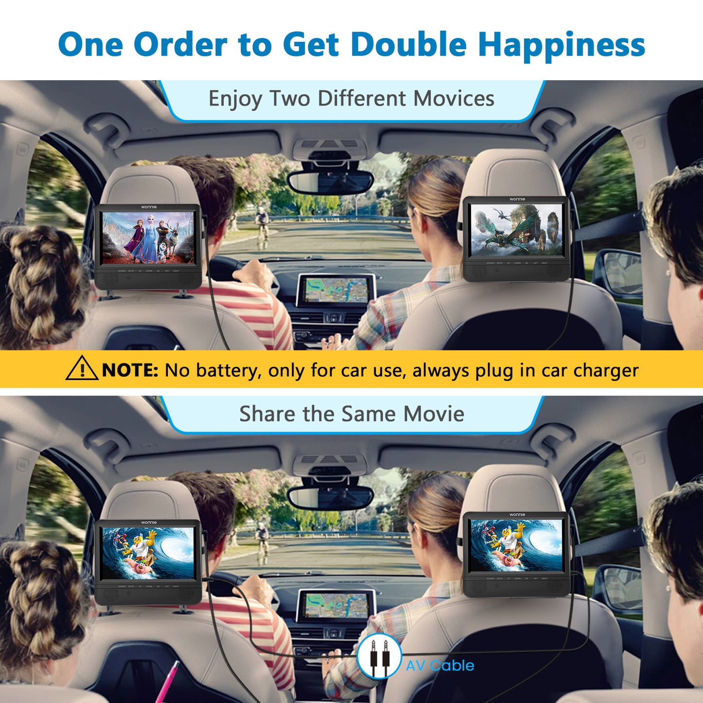 Wonnie Portable DVD Player for Car, 7" Headrest DVD Player Play a Same or Two Different Movies, Dual Screen DVD Player with Headrest Strap,Last Memory, AV Out& in/USB/SD, Best Gifts!