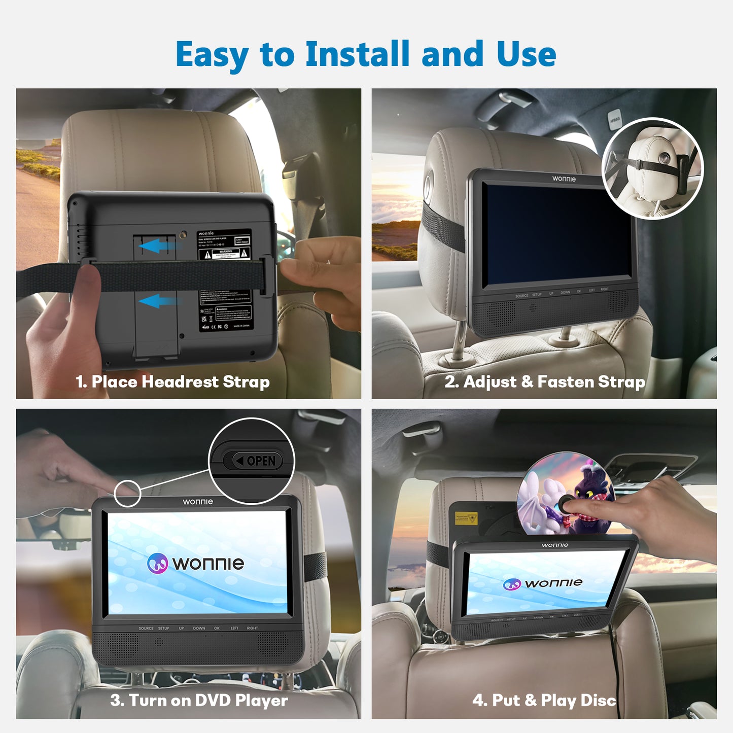 Wonnie Portable DVD Player for Car, 7" Headrest DVD Player Play a Same or Two Different Movies, Dual Screen DVD Player with Headrest Strap,Last Memory, AV Out& in/USB/SD, Best Gifts!