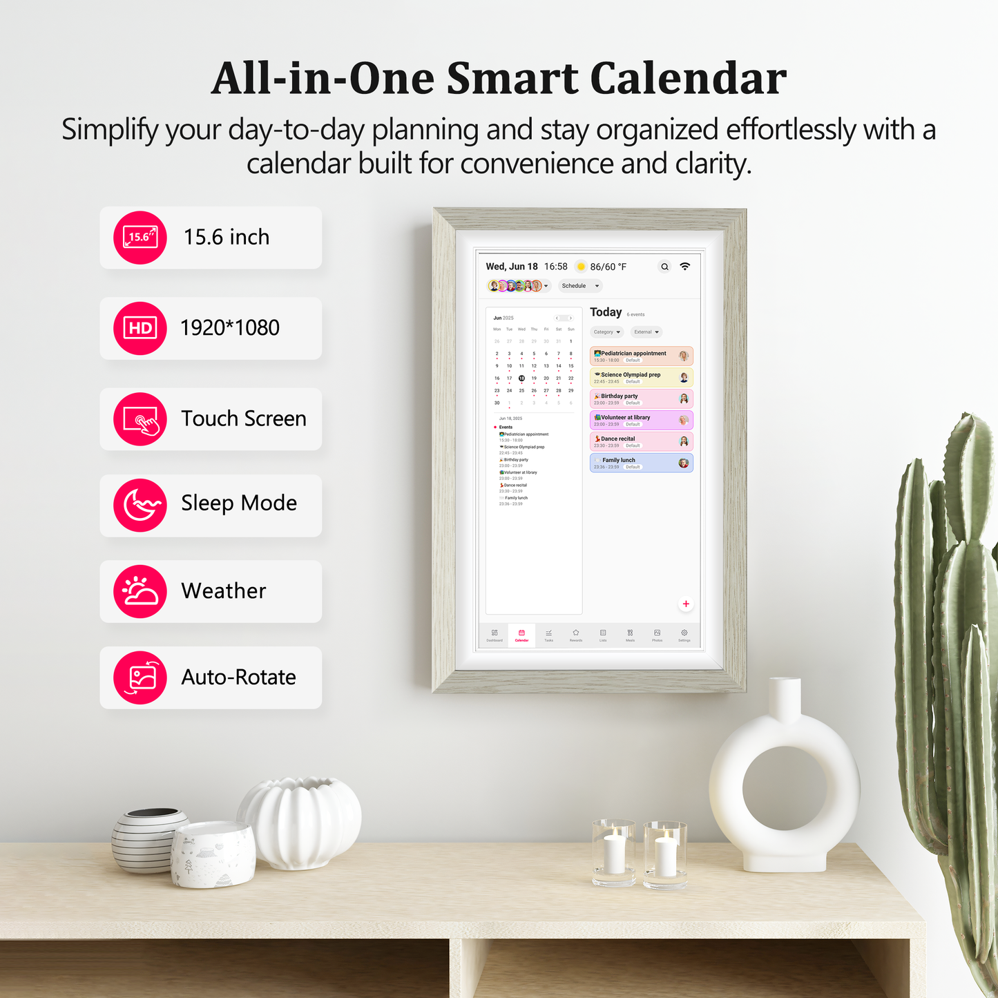 BIGASUO 15.6 inch Digital Calendar Wall Planner & Chore Chart, 1080P Interactive Display Touch Screen Smart Family Schedules, Meal Planner, To Do List, Task & Rewards, Wall & Desk Mountable