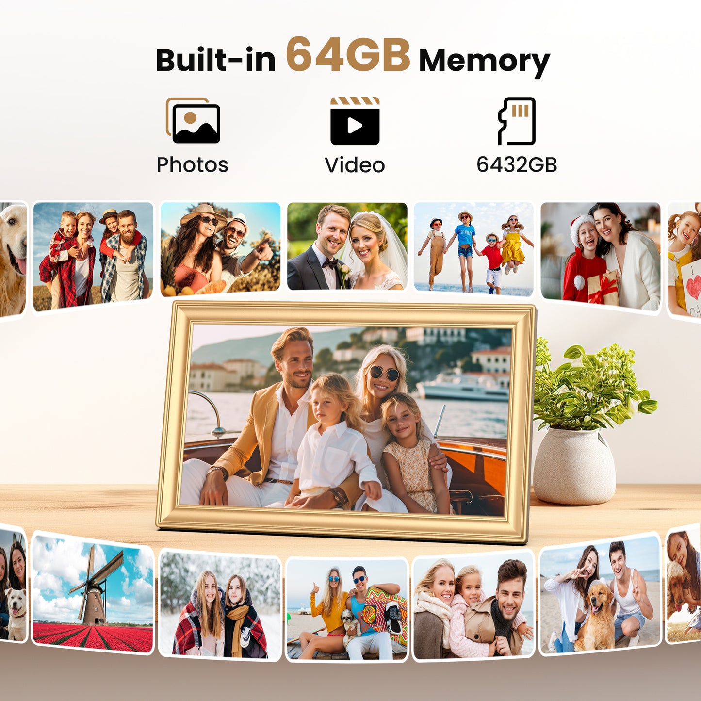 TEMASH Frameo 15.6 Inch WiFi Digital Picture Frame Gold Large Digital Photo Frame 64GB Storage 1920×1080 IPS FHD Touchscreen Auto Rotate Share Video Picture Instantly via App Gifts for Family