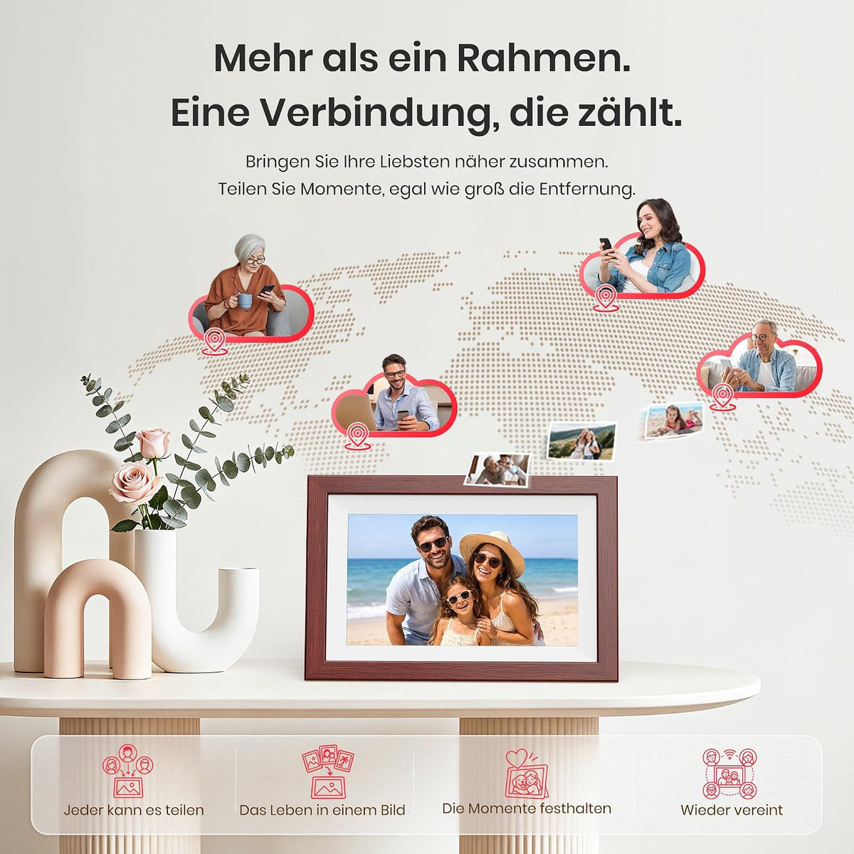 Frameo WLAN Digitaler Bilderrahmen 10,1 Zoll, HD 1280 * 800 IPS Touchscreen Elektronischer FotoRahmen mit 32GB Speicher, Auto Drehung, Einfache Weitergabe von Fotos Videos über Frameo App