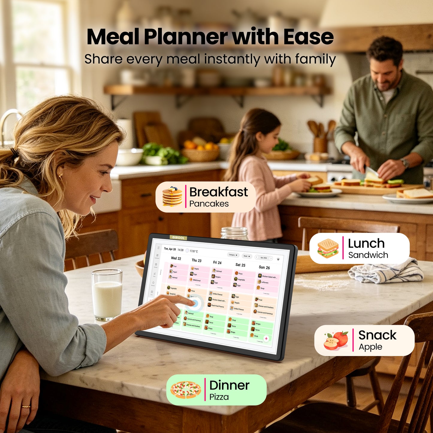 GIROOL 15.6" Digital Calendar-1920x1080 Full HD Touchscreen Family Planner & Calendar with Chore Chart & Meal Planner, Wall-Mountable (Black White)