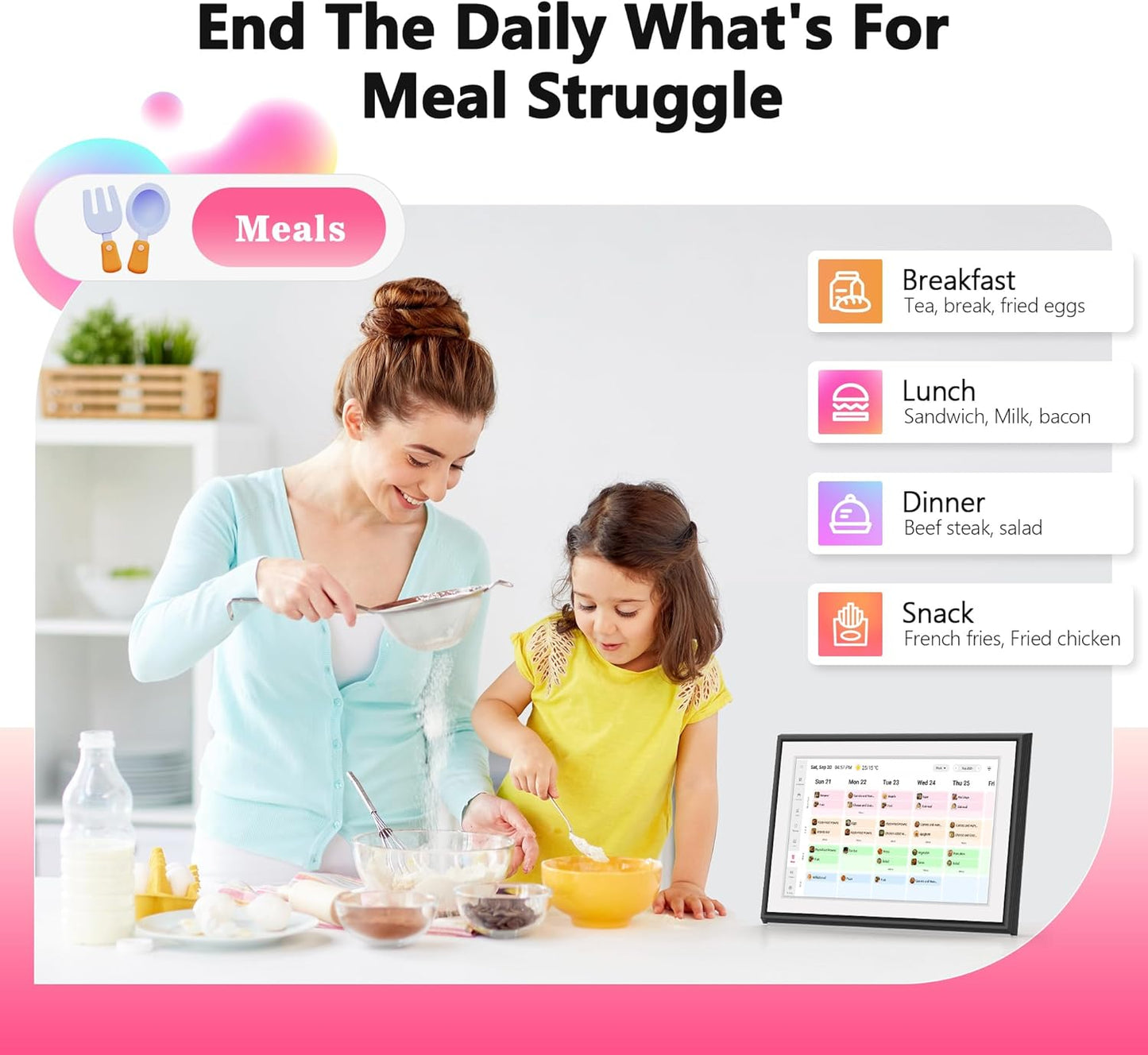 BIGASUO 10.1" Digital Calendar, Full HD Touchscreen Smart Planner,with Task & Reward Meal Plan Great for Family Schedules & Chore Organization, LED Reminder Light,Photo Display