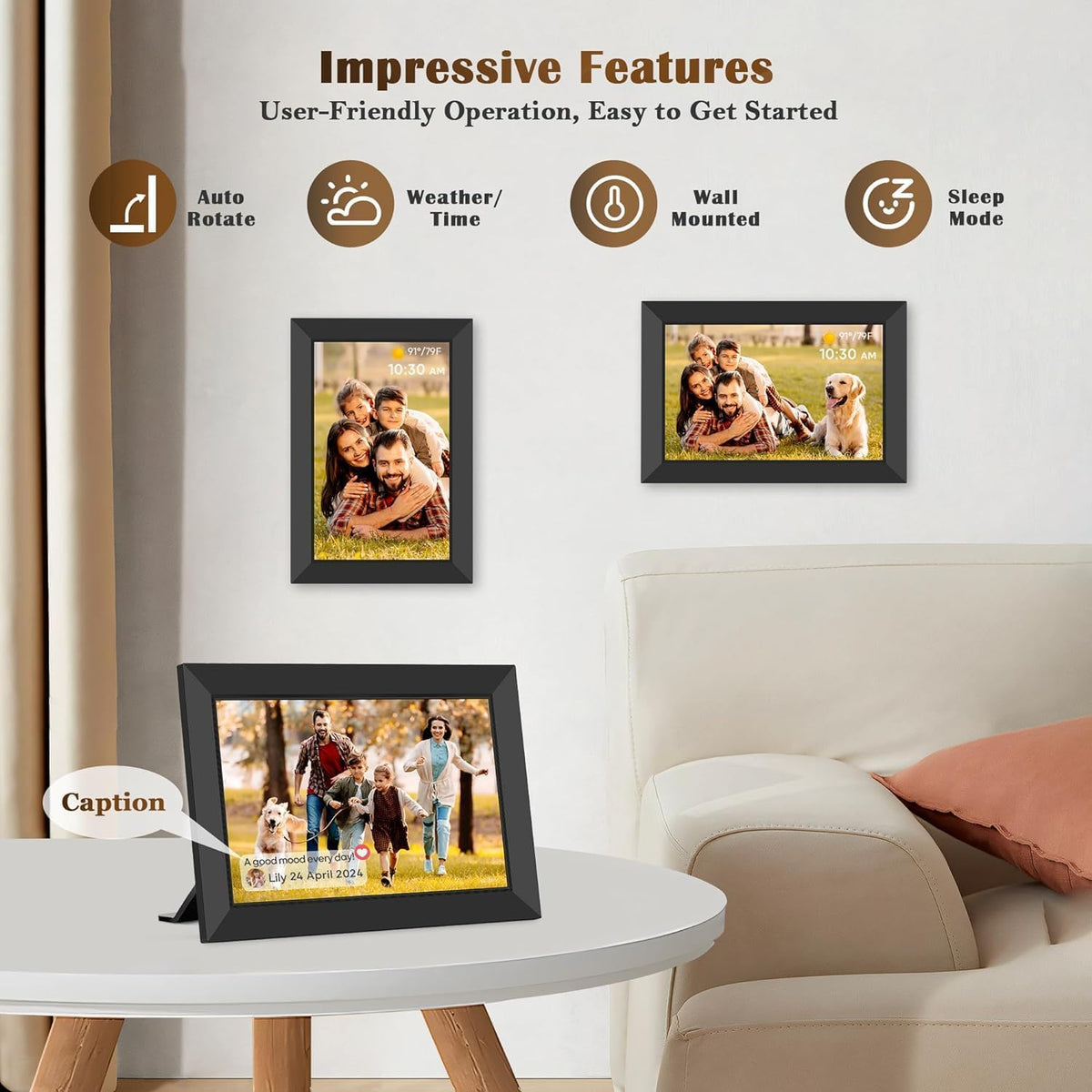 Frameo WLAN Digitaler Bilderrahmen 10,1 Zoll, HD 1280 * 800 IPS Touchscreen Elektronischer FotoRahmen mit 32GB Speicher, Auto Drehung, Einfache Weitergabe von Fotos Videos über Frameo Ap