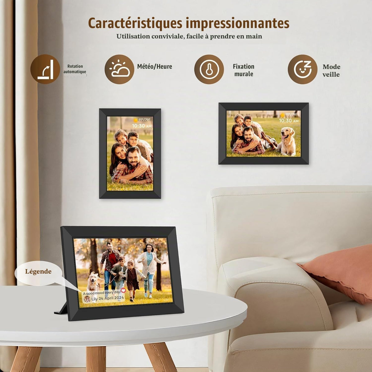 Frameo 10.1Pouces Cadre Photo Numérique WiFi, Mémoire Iinterne de 32 Go avec Écran Tactile HD 1280 * 800 IPS,Rotation Automatique,Configuration Facile et Partage de Photos ou de Vidéos Via Frameo