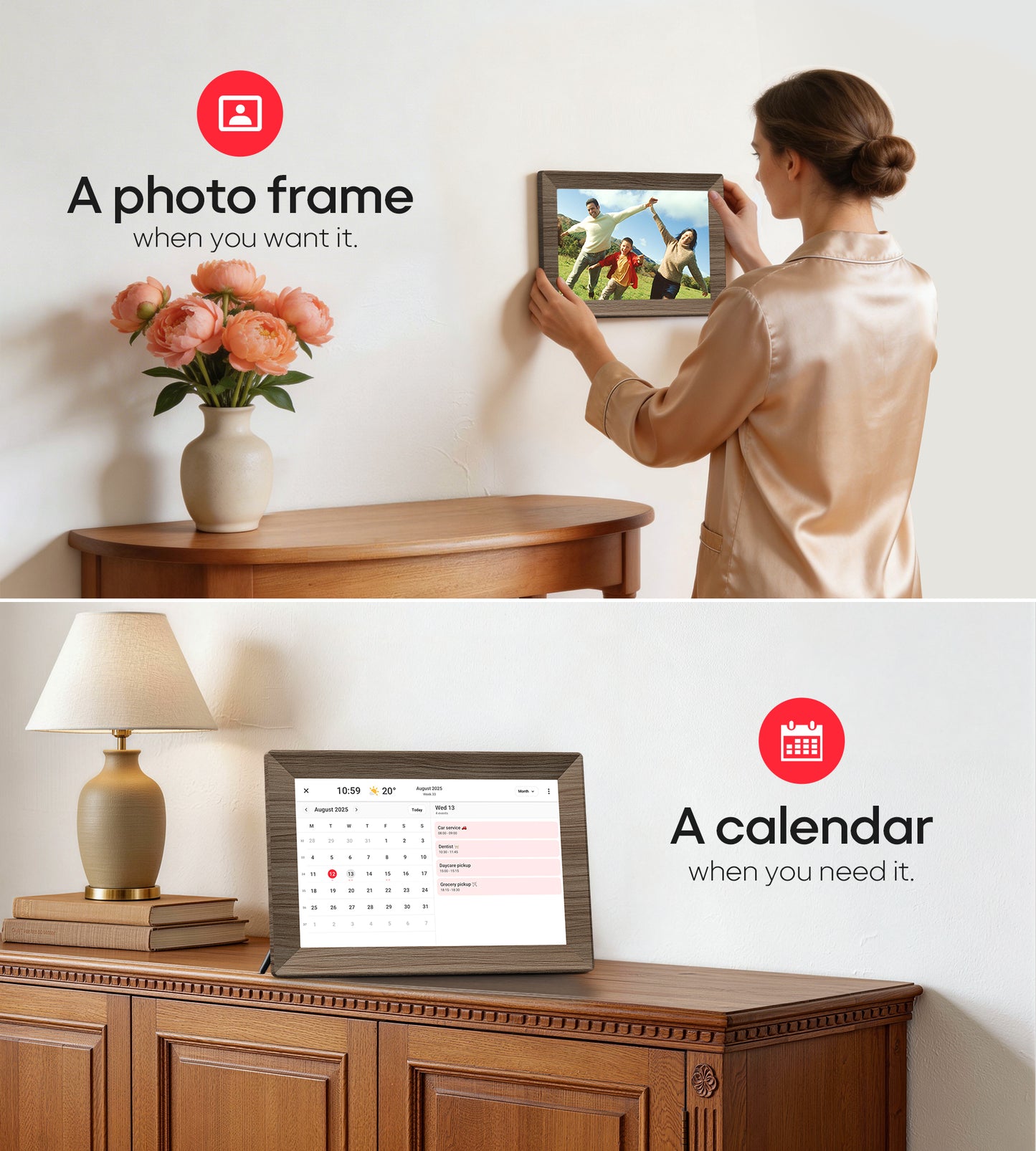 Frameo 10.1" Digital Picture Frame with 32GB Memory Wood WiFi Electronic Photo Frame 1280 x 800 IPS Touch Screen Auto-Rotate Slideshow Wall Mountable Share Photos/Video Remotely Anywhere