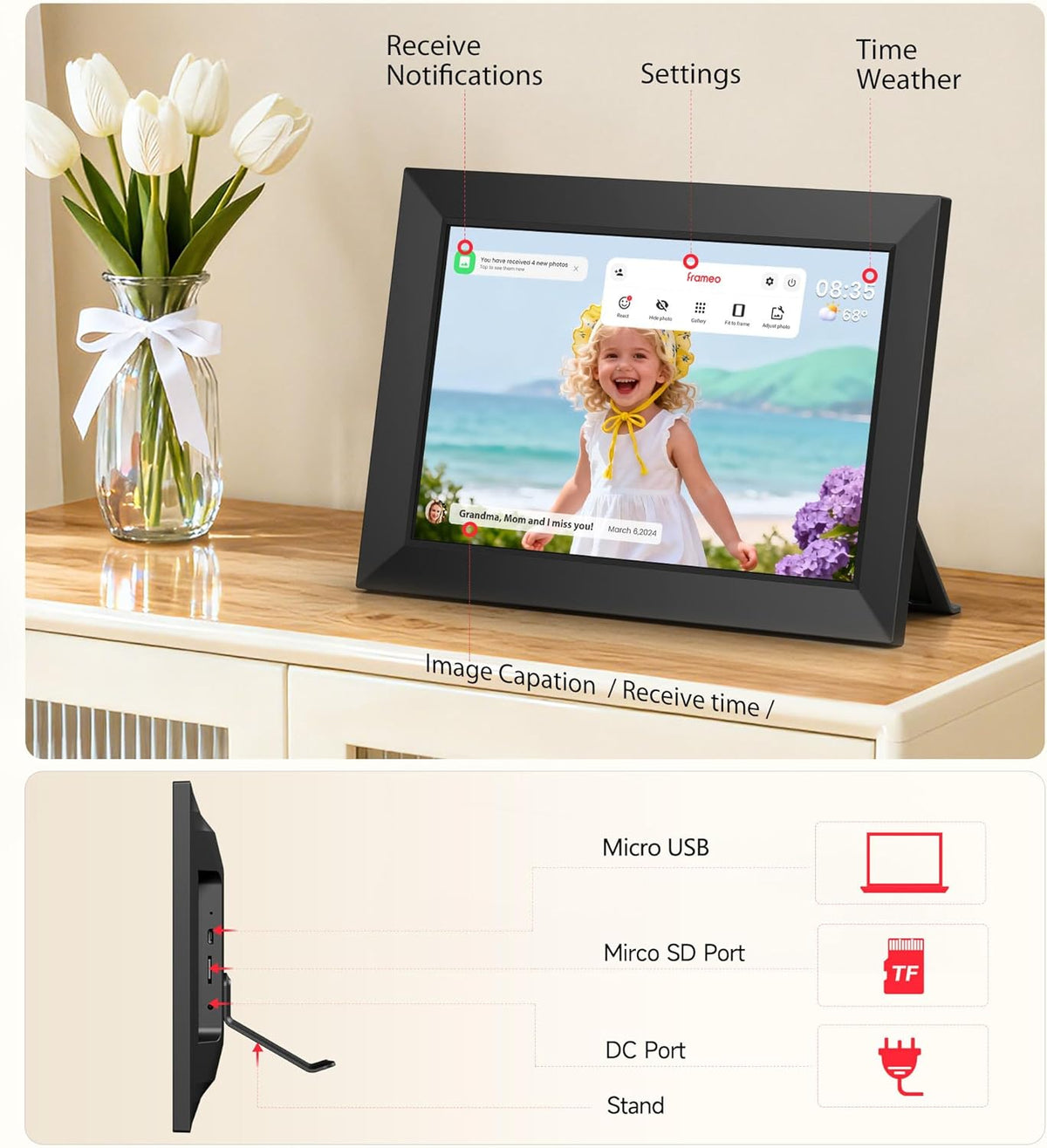 Frameo 10,1 Zoll WiFi Digitaler Bilderrahmen, 1280x800 HD IPS Touchscreen Foto Rahmen, 32GB Speicher, Automatische Rotation, Wandmontagefähig, Teilen Sie Fotos sofort von überall aus