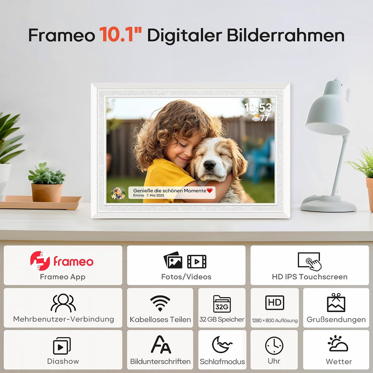 Frameo WLAN Digitaler Bilderrahmen 10,1 Zoll, HD 1280 * 800 IPS Touchscreen Elektronischer FotoRahmen mit 32GB Speicher, Auto Drehung, Einfache Weitergabe von Fotos Videos über Frameo App