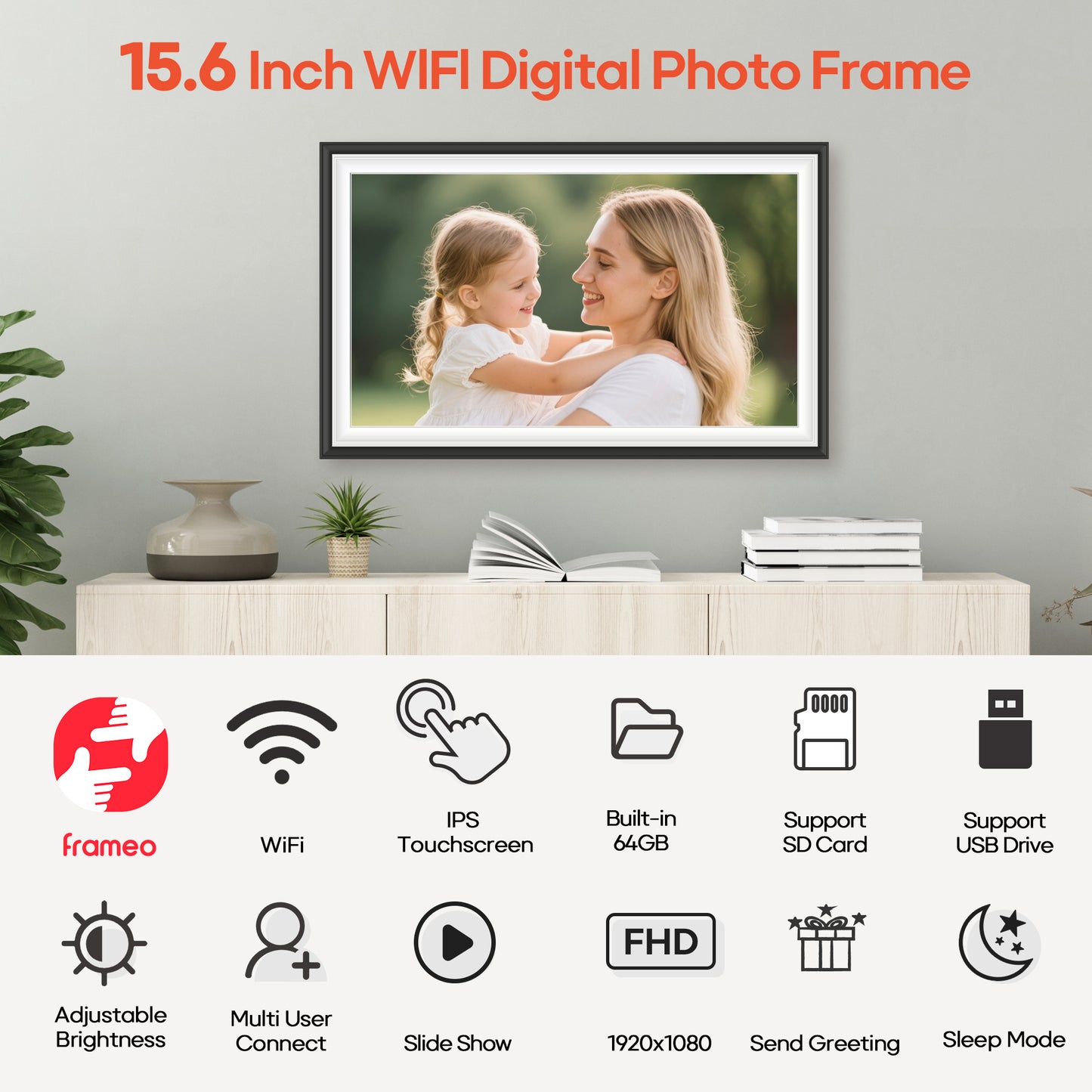 BIGASUO Digital Picture Frame Frameo 15.6" WiFi Electronic Photo Frames Large with 64GB Memory 1920x1080 IPS FHD Touch Screen Share Moments Instantly Anywhere Photo Gifts for Parents and Grandparents