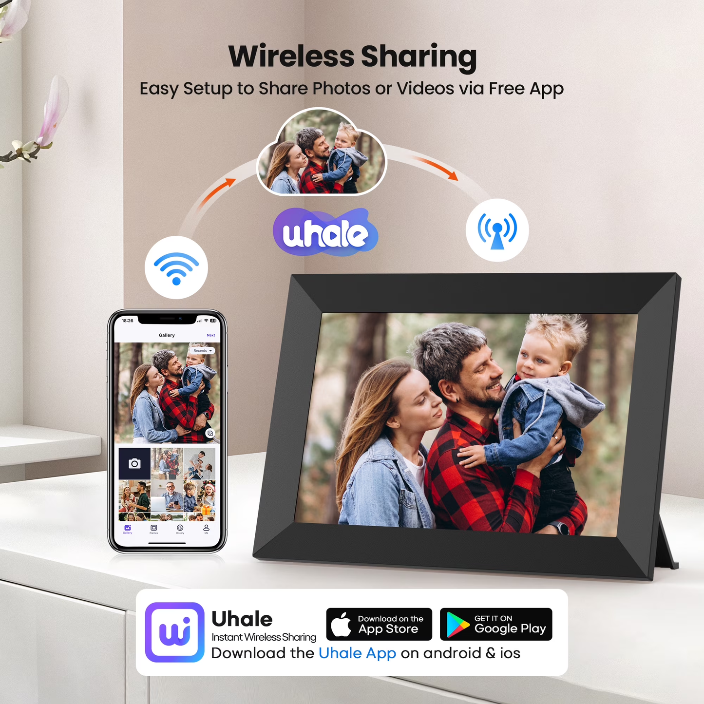 Ricilar 10.1 inch Digital Photo Frame WiFi, 1280*800 HD IPS Touchscreen 32GB Electric Picture Frames Send Photos Videoes via Micro SD Card Uhale App From Anywhere