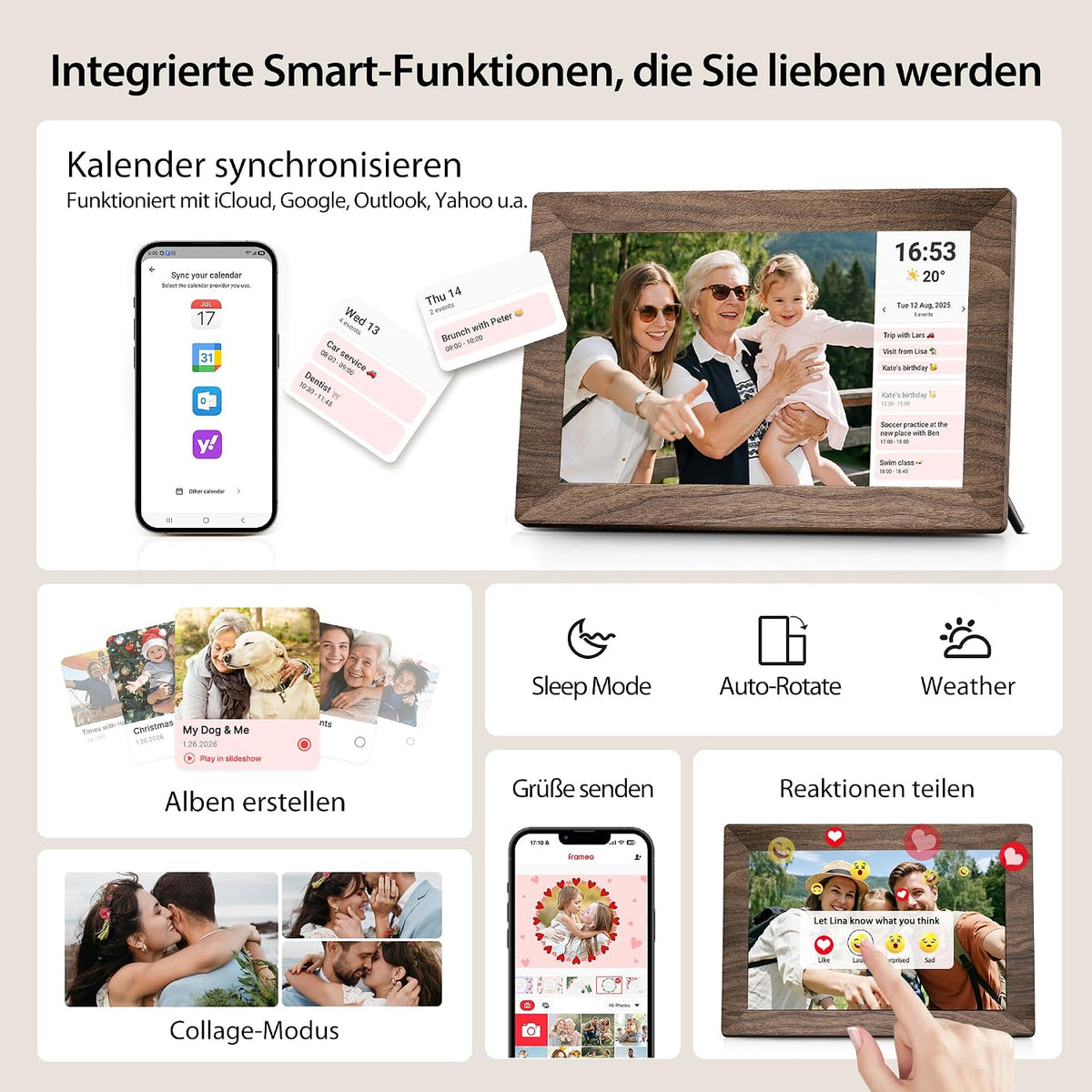 Frameo WLAN Digitaler Bilderrahmen 10,1 Zoll, HD 1280 * 800 IPS Touchscreen Elektronischer FotoRahmen mit 32GB Speicher, Auto Drehung, Einfache Weitergabe von Fotos Videos über Frameo App