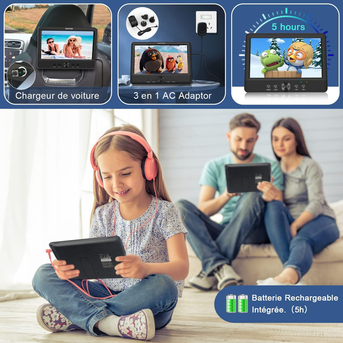 WONNIE Lecteur DVD Portable Voiture 2 Ecrans Enfants Vidéo avec Appuie-tête de 10,5 Pouces Compatible USB SD MMC 5 Heures pour Un Long Voyage(Deux Lecteur DVD)