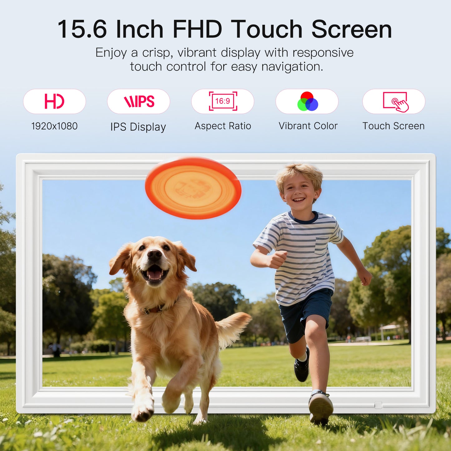 64GB 15.6 Inch Large WiFi Digital Picture Frame, Nusican Electronic Photo Video Frames with 1920X1080P FHD Touch Screen, Auto Rotate, Wall Mounted, Share instantly Via Phone App, Idea Chris Gift