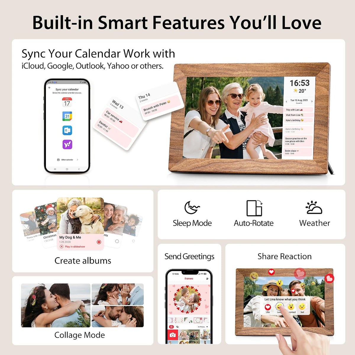 Frameo WLAN Digitaler Bilderrahmen 10,1 Zoll, HD 1280 * 800 IPS Touchscreen Elektronischer FotoRahmen mit 32GB Speicher, Auto Drehung, Einfache Weitergabe von Fotos Videos über Frameo App