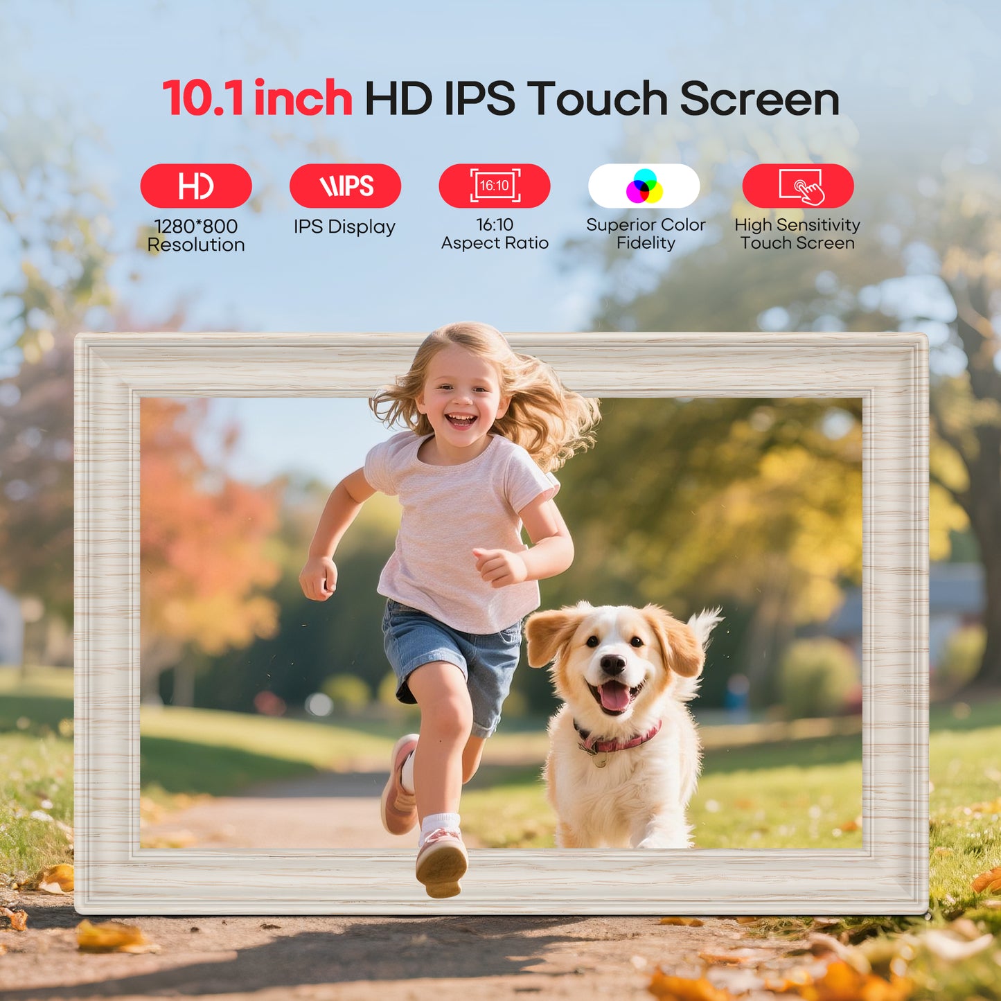 Frameo 10.1" WiFi Digital Picture Frame with 32GB Memory, 1280 x 800 IPS HD Touch Screen Electronic Photo Frame, Auto-Rotate, Slideshow, Share Photos/Video Remotely Anywhere White Wood Grain