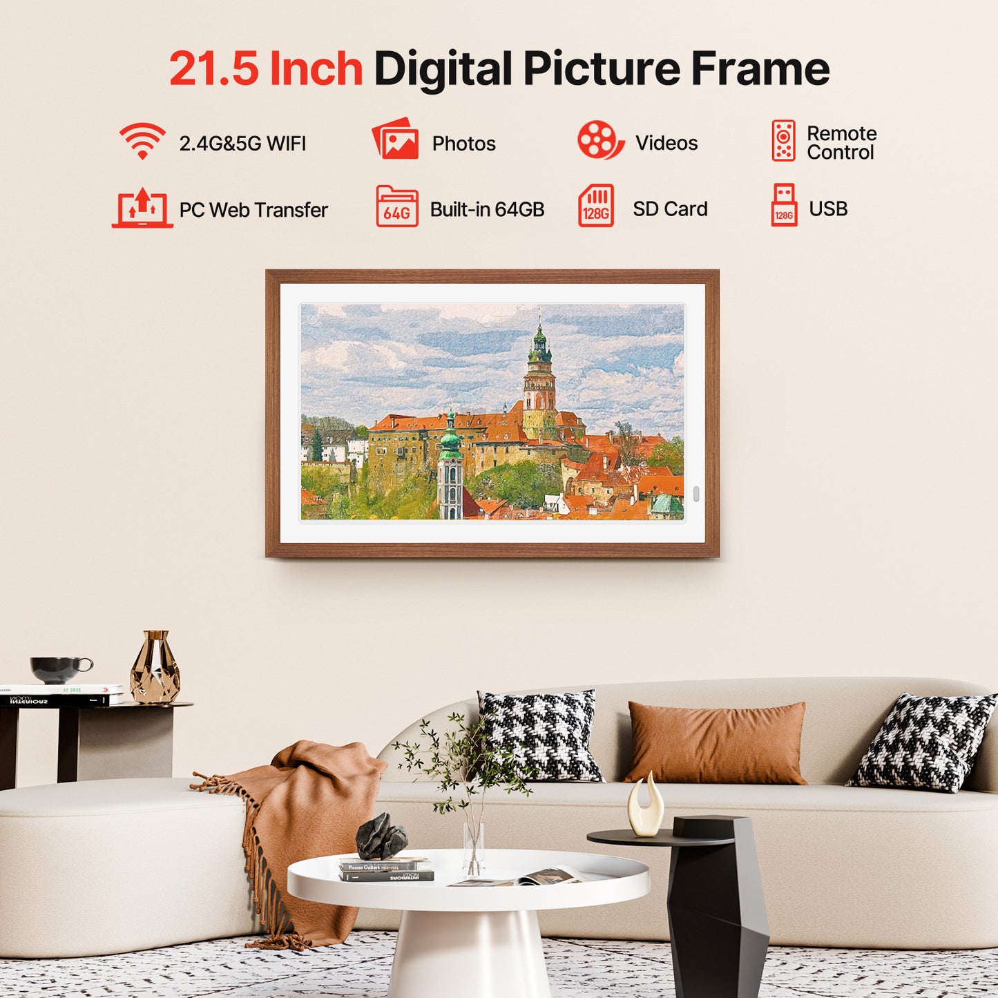 Uhale 21.5" Large Digital Picture Frame WiFi Wood with Remote Control, 1920 x 1080 FHD IPS No Touch Screen Electronic Photo Frames Wall Mount with 64GB, Support SD USB, Share Photos Videos Instantly