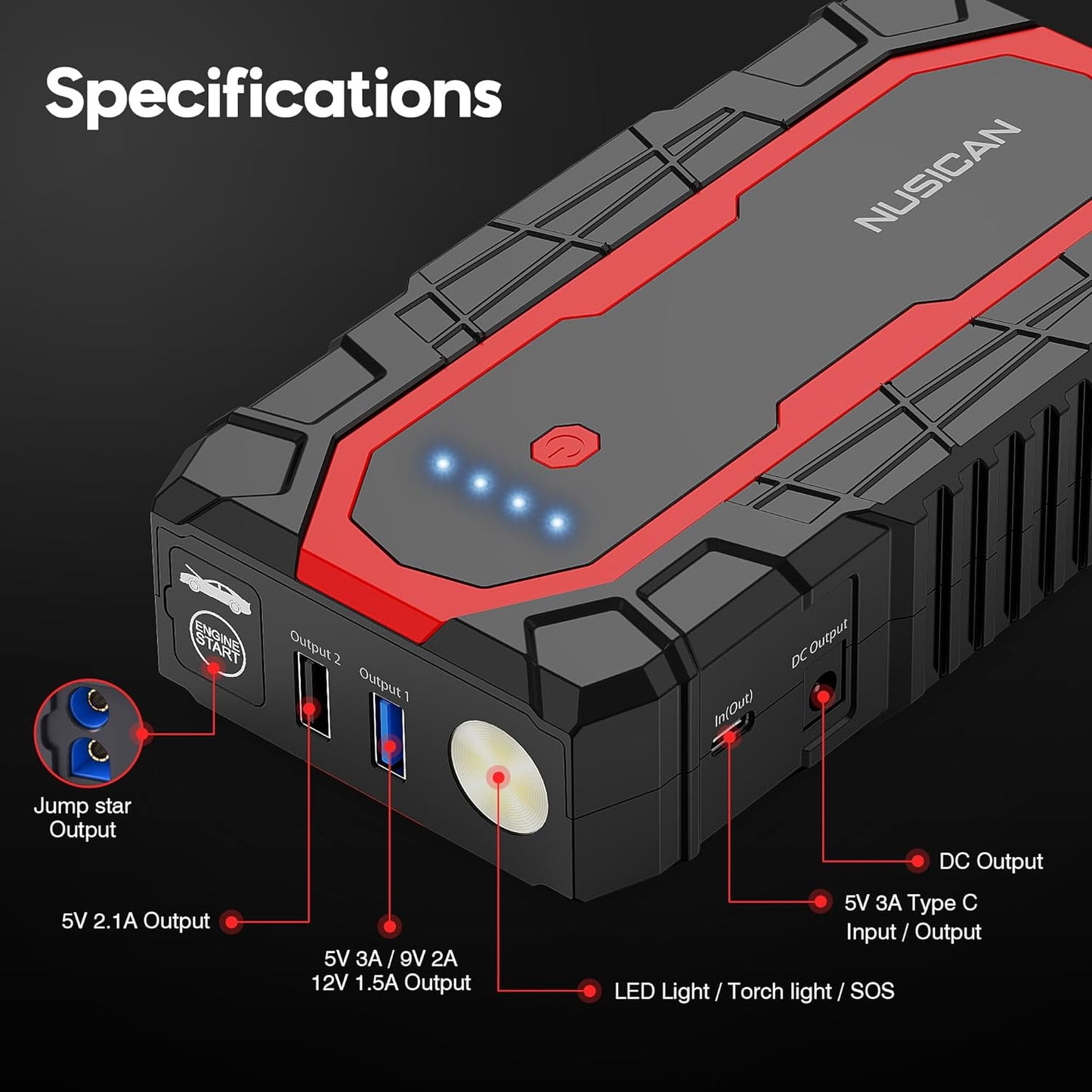 NUSICAN Battery Jump Starter, 1500A Peak 18000mAh Car Jump Starter Portable, 12V Auto Jump Box Power Pack (up to 7L Gas or 5.5L Diesel Engine) with Dual USB Quick Charge & LED Light