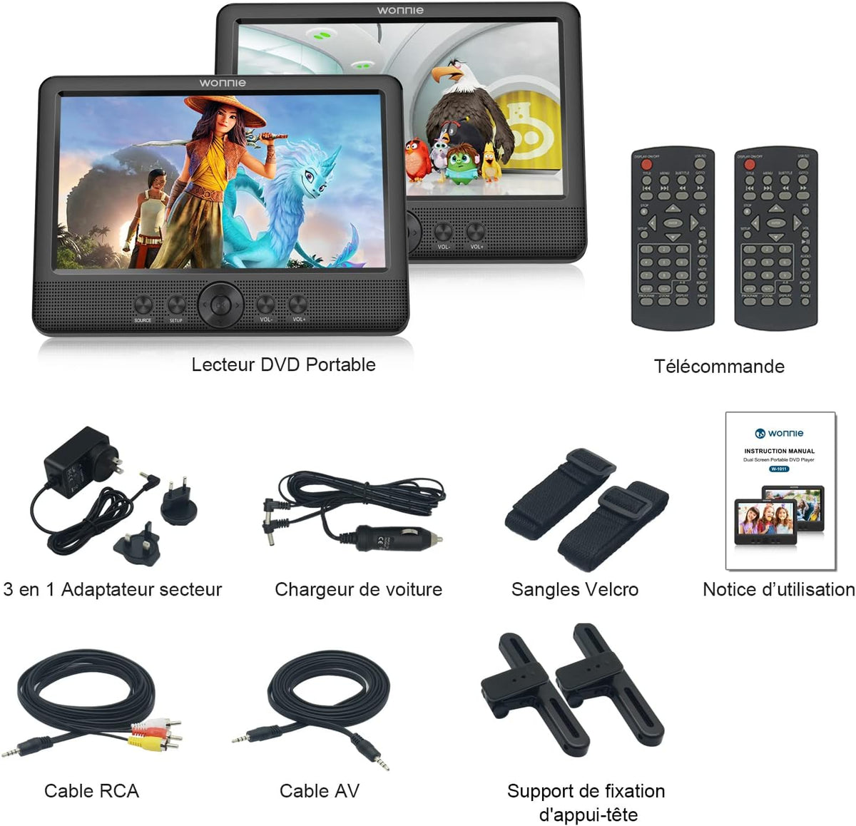 WONNIE Lecteur DVD Portable Voiture 2 Ecrans Enfants Vidéo avec Appuie-tête de 10,5 Pouces Compatible USB SD MMC 5 Heures pour Un Long Voyage(Deux Lecteur DVD)